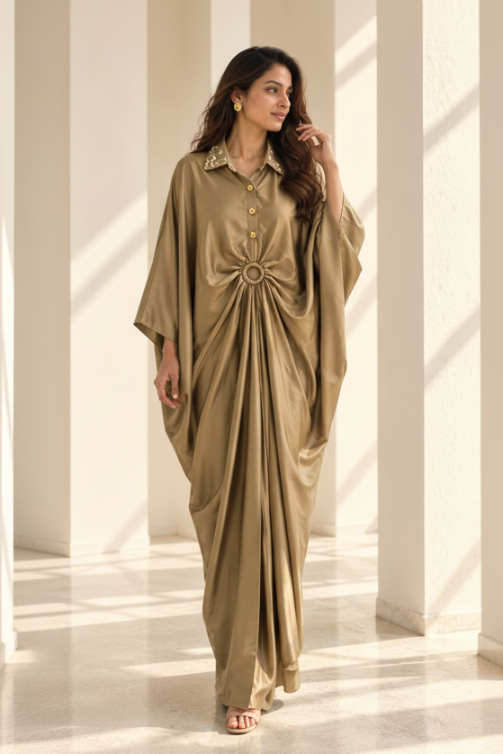 Antique Gold Embellished Satin Crepe Silk Dress