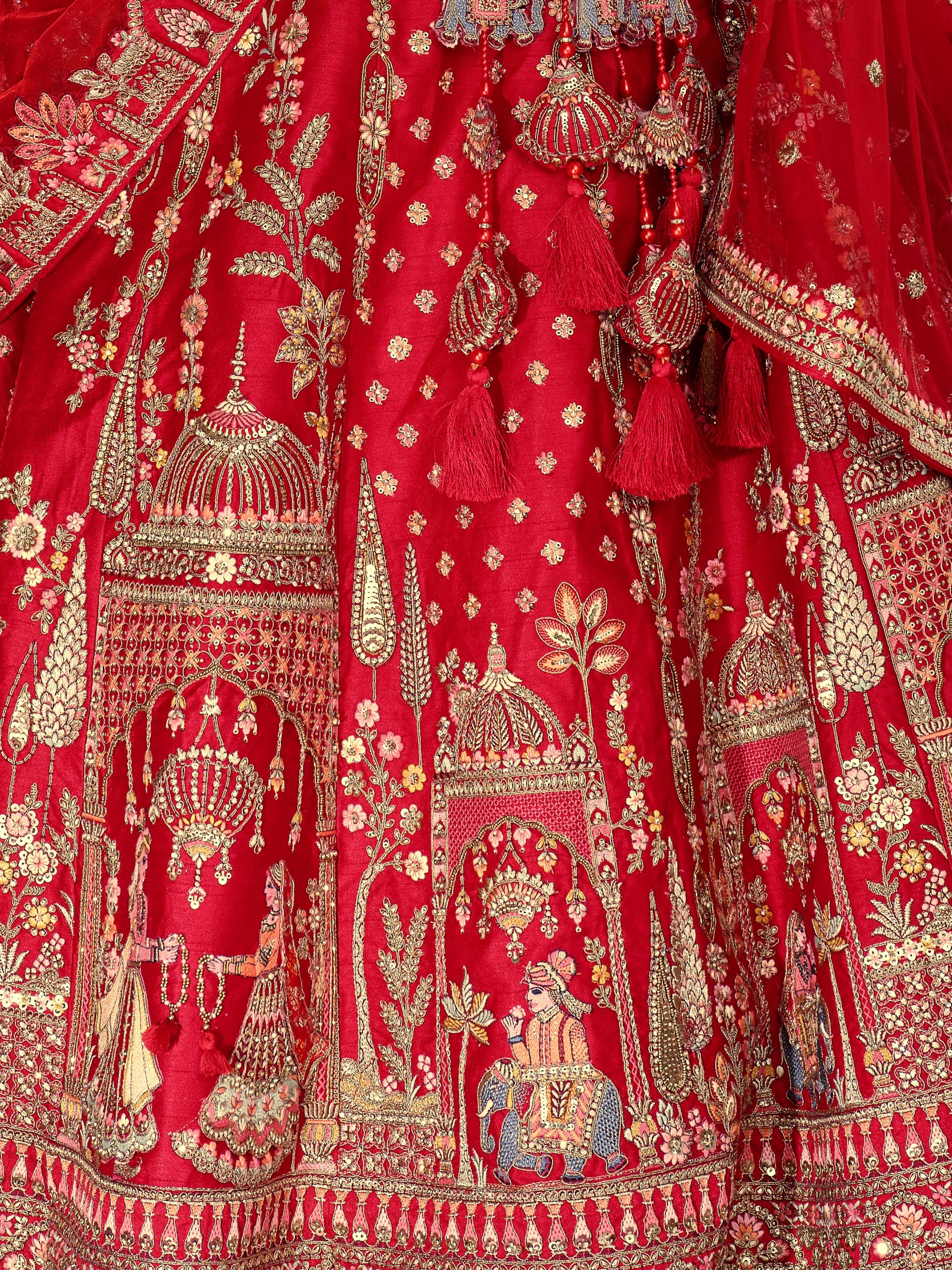Bright Red Embellished Premium Silk Lehenga Set