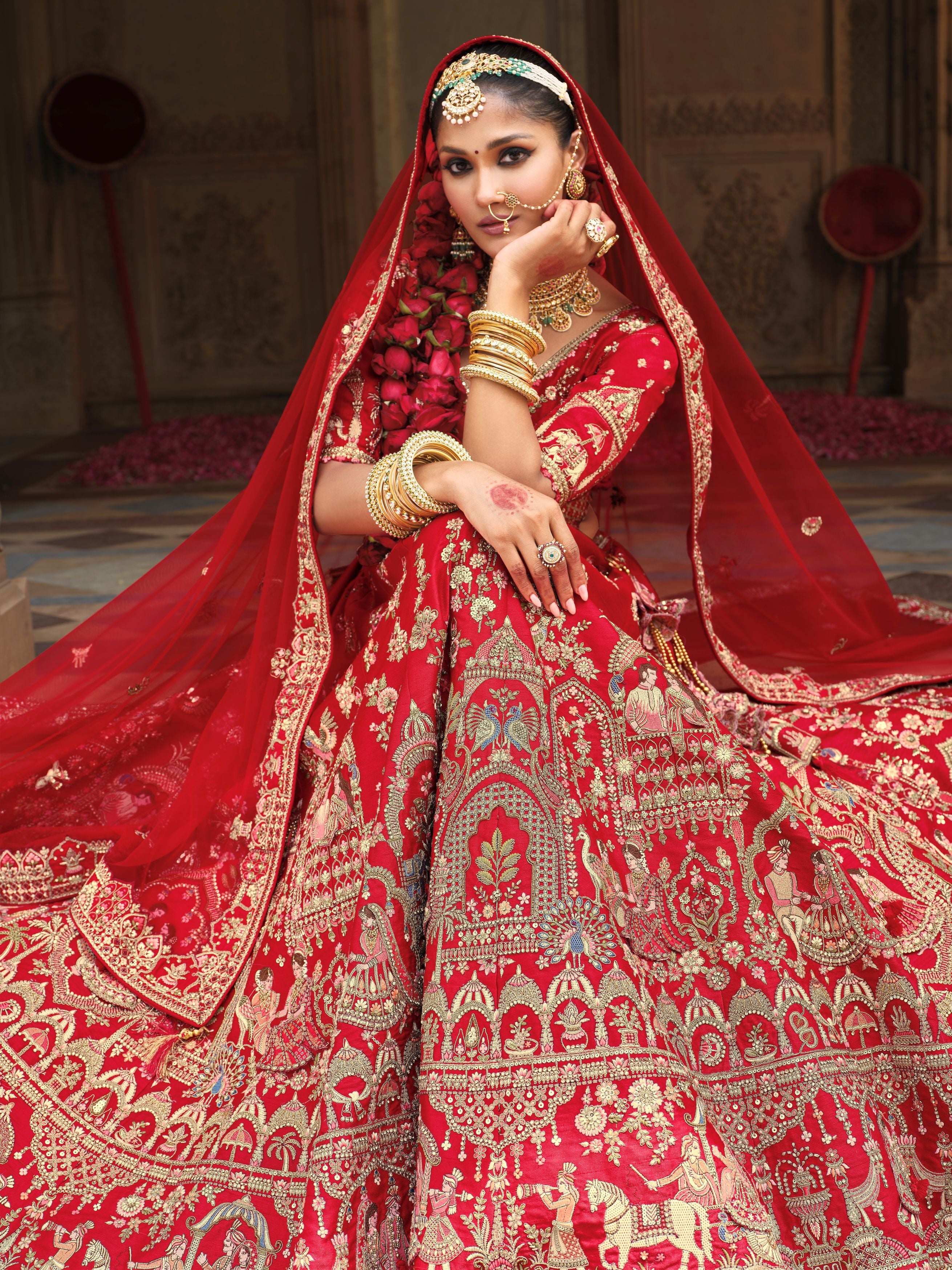 Spanish Red Embellished Premium Silk Bridal Lehenga Set