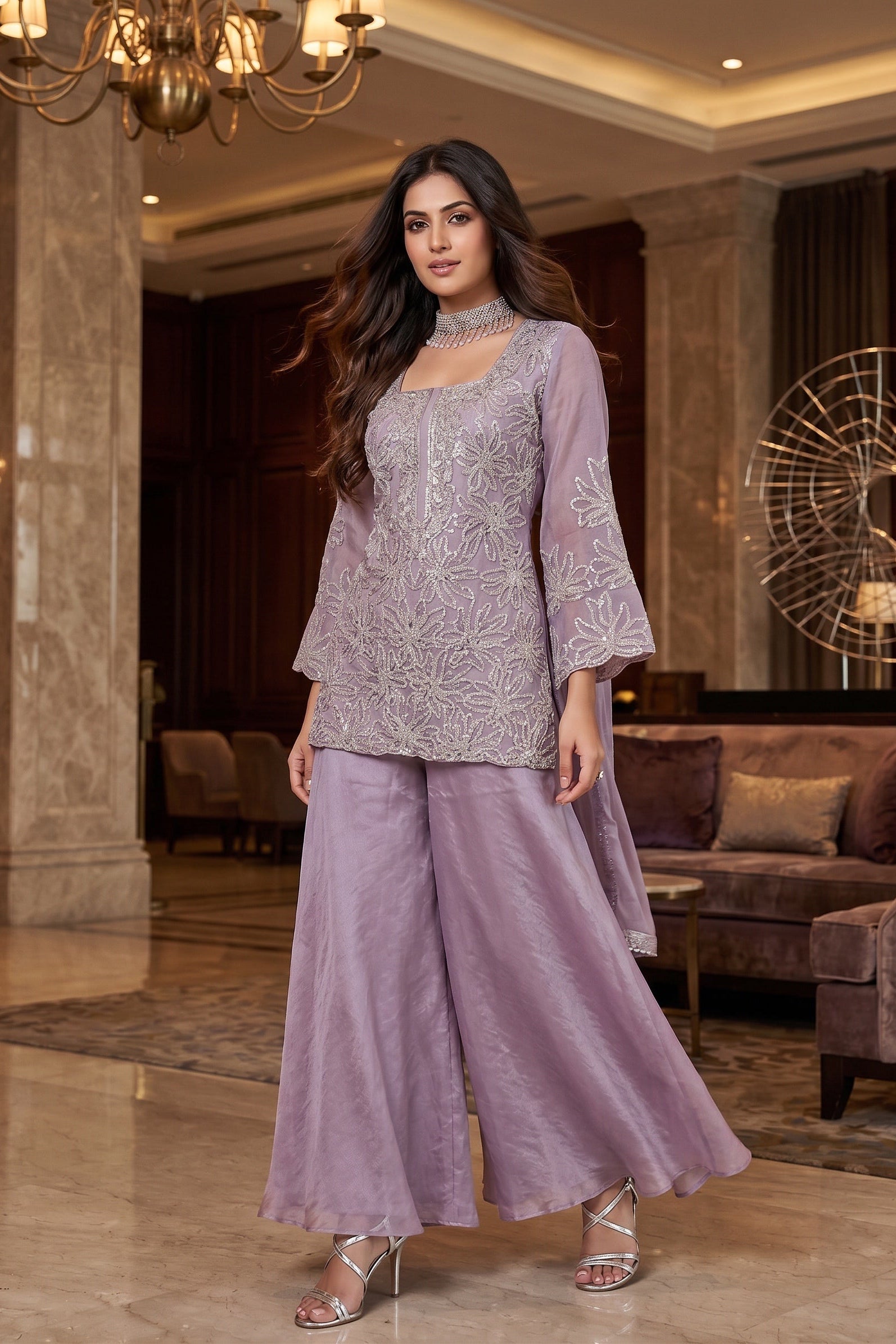 Purple Haze Embellished Premium Silk Palazzo Set