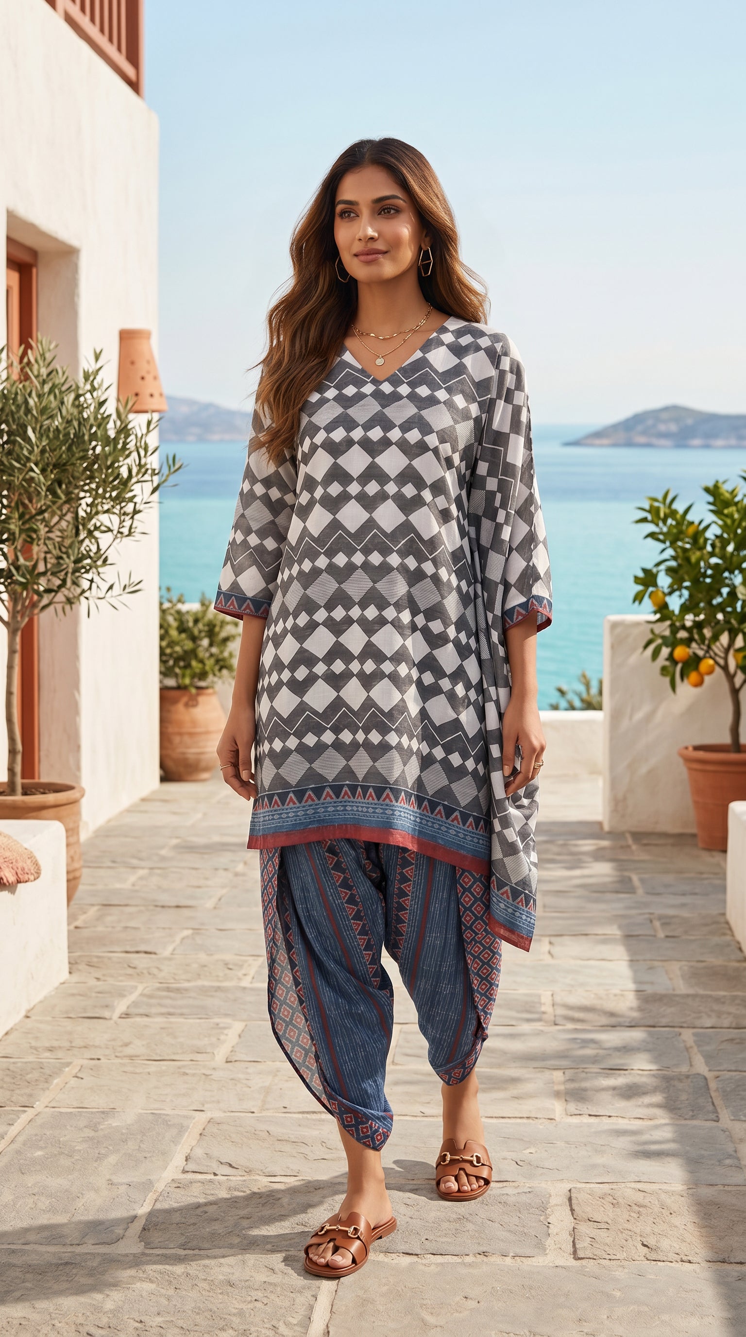 Grey Geometric Printed Cotton Linen Dhoti Set