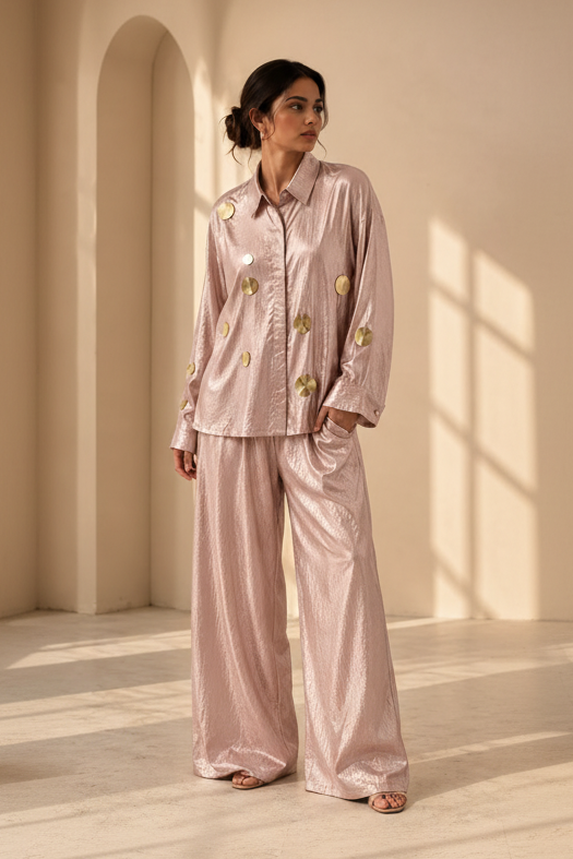 Metallic Rose Gold Embellished Shimmer Silk Co-Ord Set