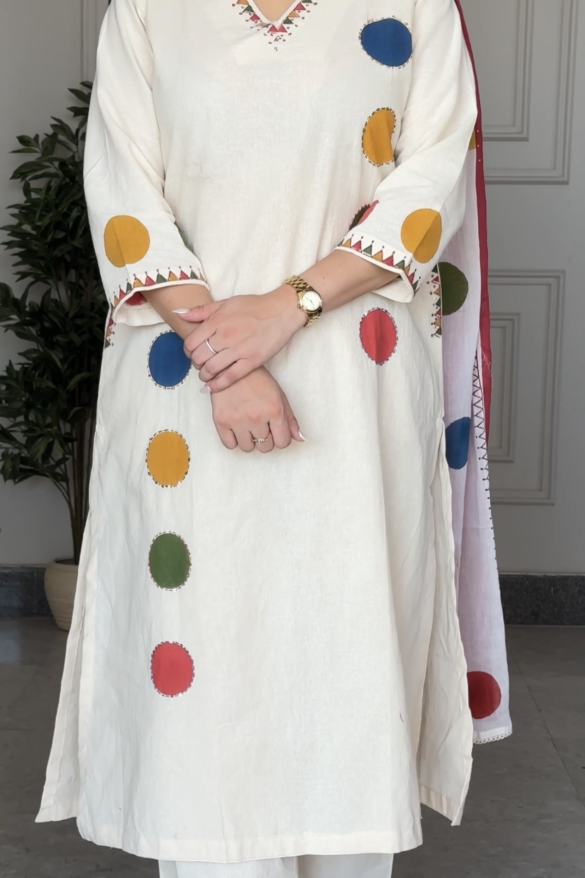 Off White Polka Handwoven Cotton Palazzo Set
