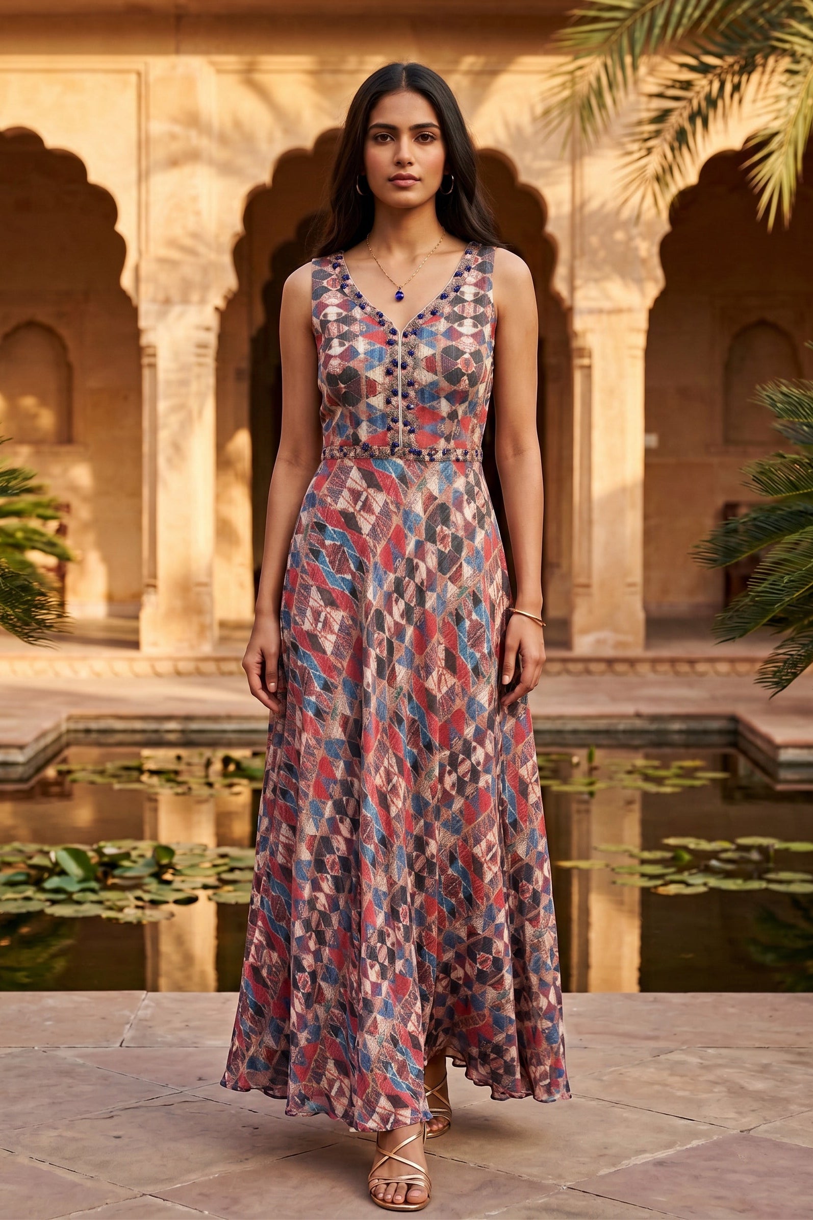 Mosaic Printed Chinon Silk Dress