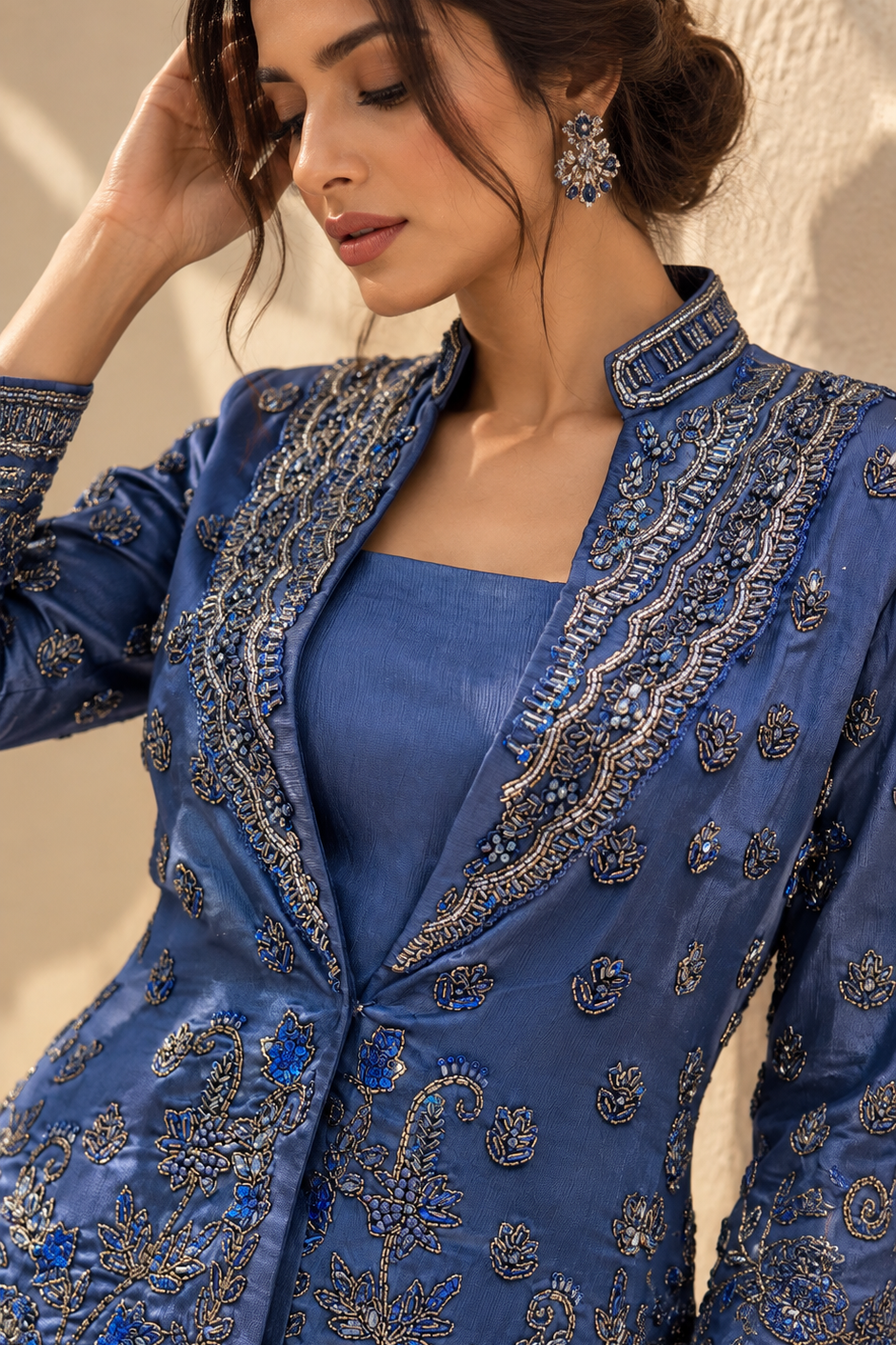 Rich Navy Embellished Crepe Silk Skirt Set