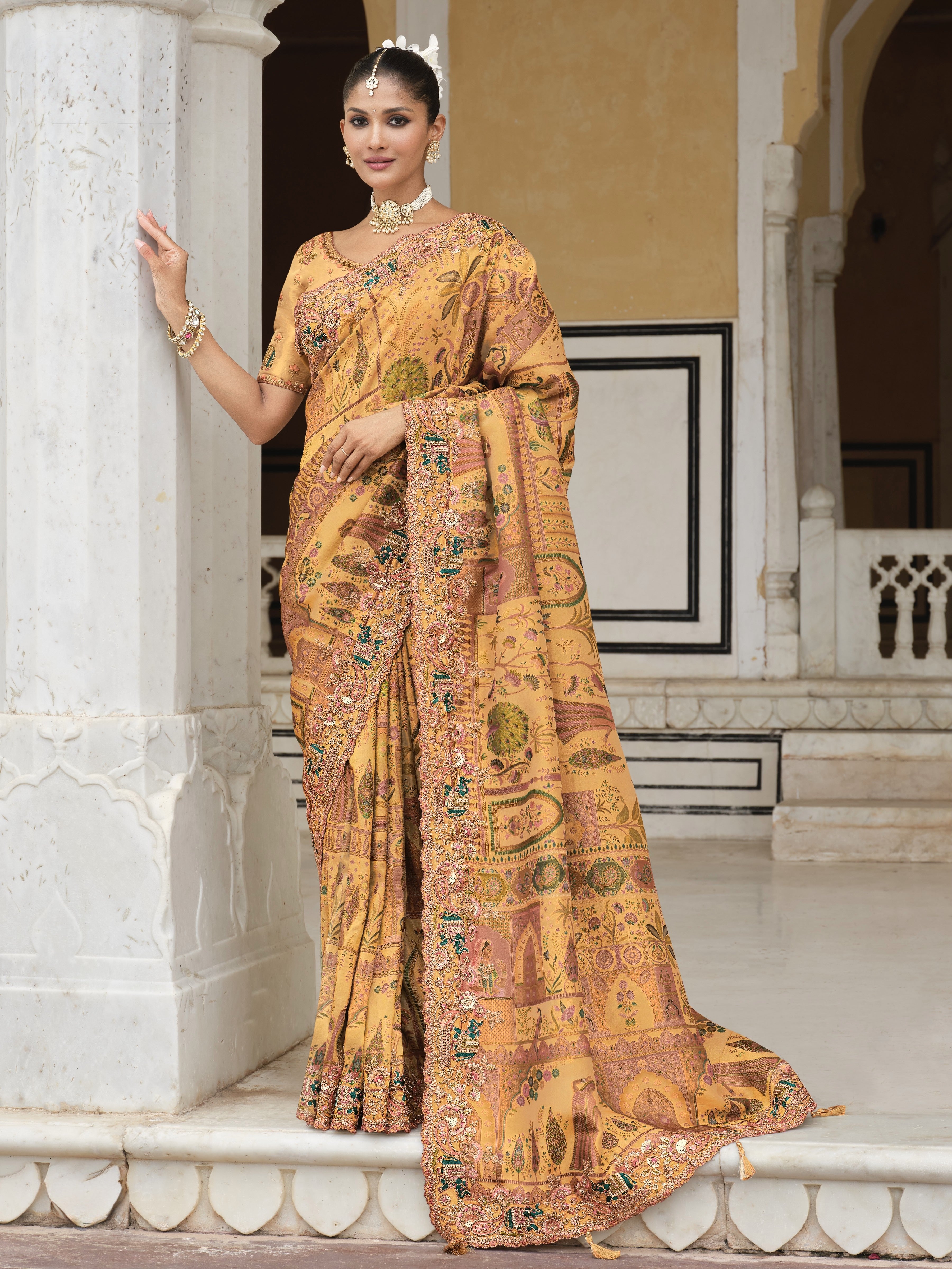 Mustard Yellow Embellished Tissue Organza Saree
