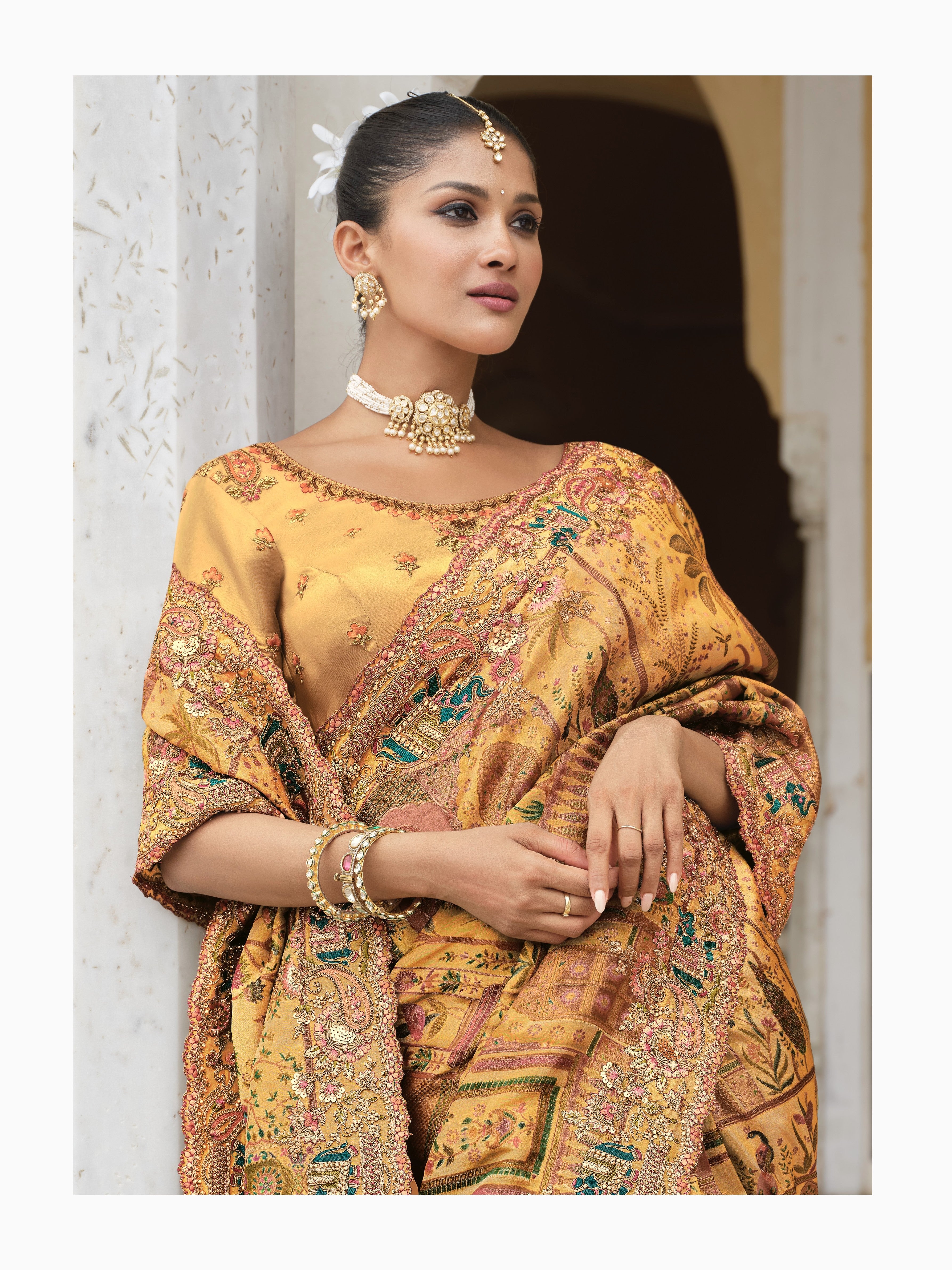 Mustard Yellow Embellished Tissue Organza Saree