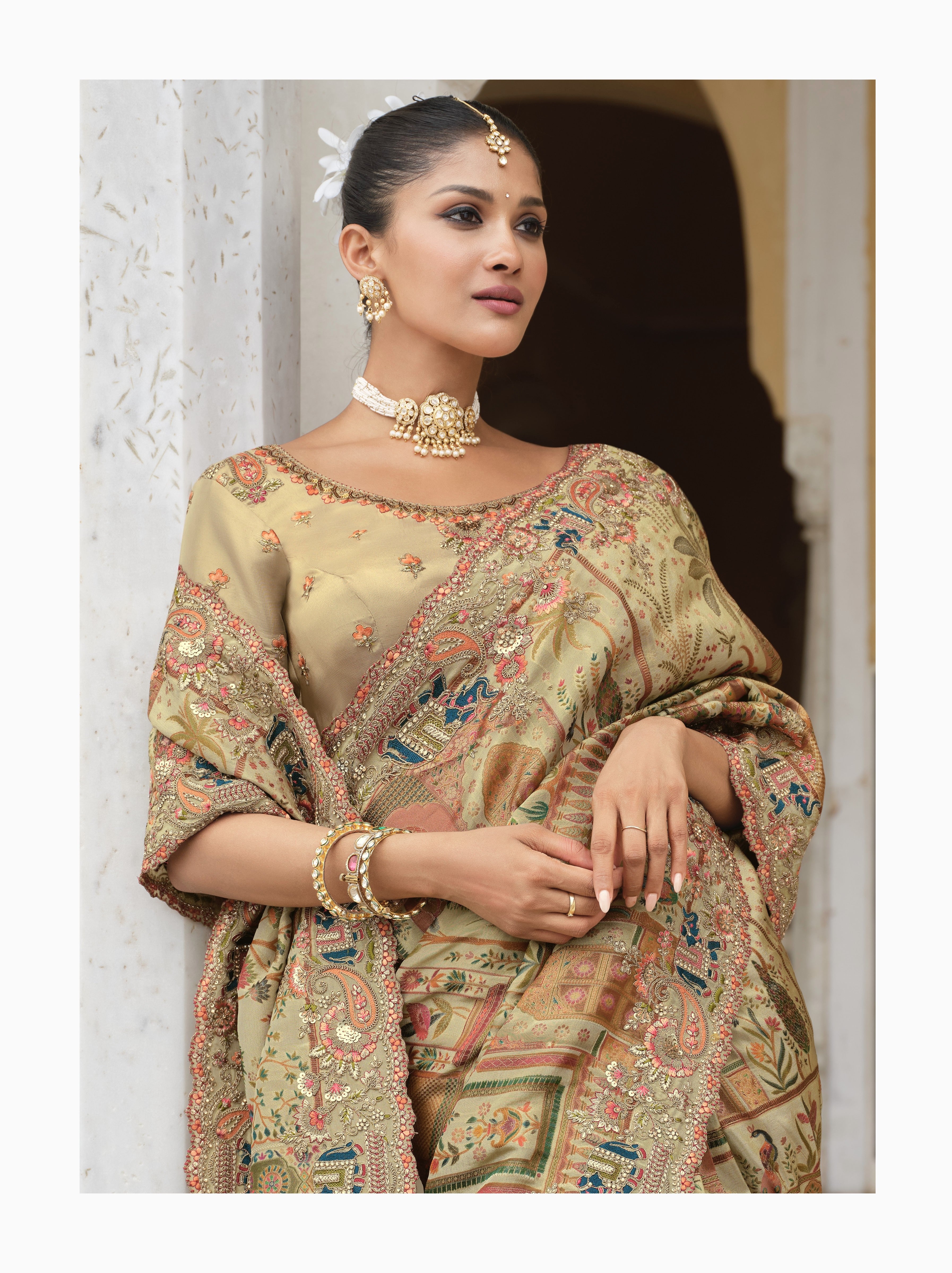 Golden Beige Embellished Tissue Organza Saree