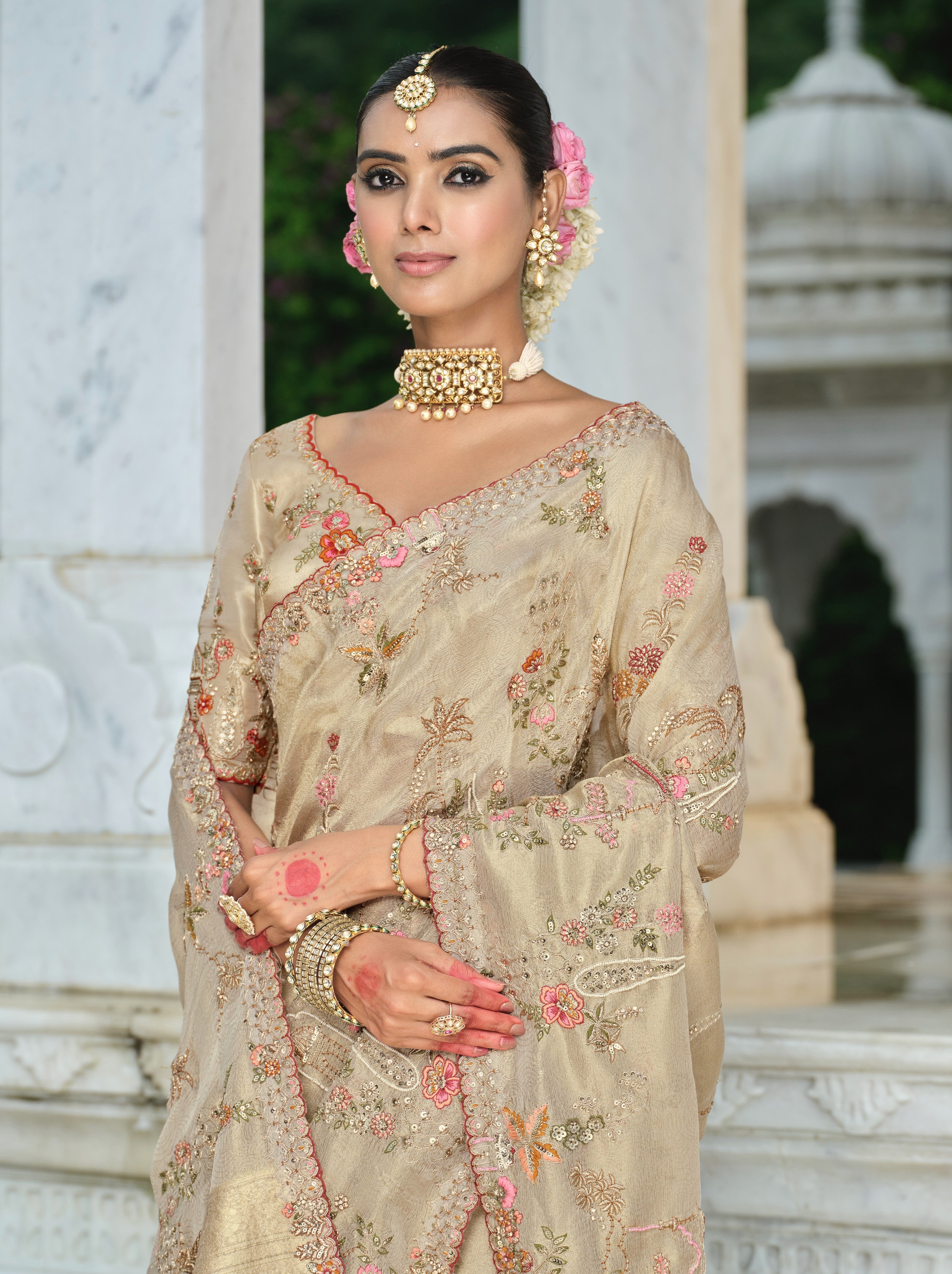 Golden Beige Embellished Shimmer Tissue Silk Saree