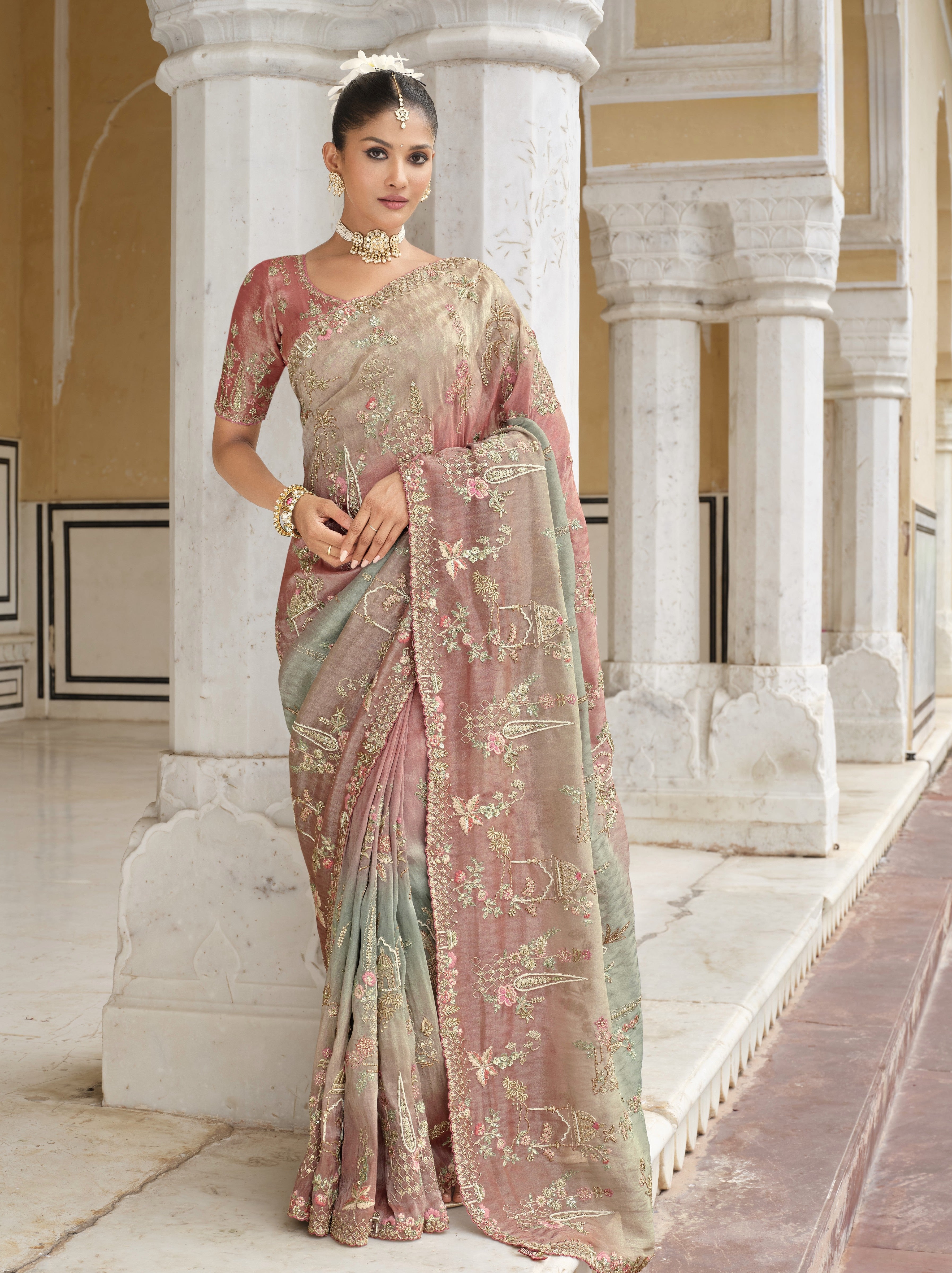 Dusty Rose Embellished Shimmer Tissue Silk Saree