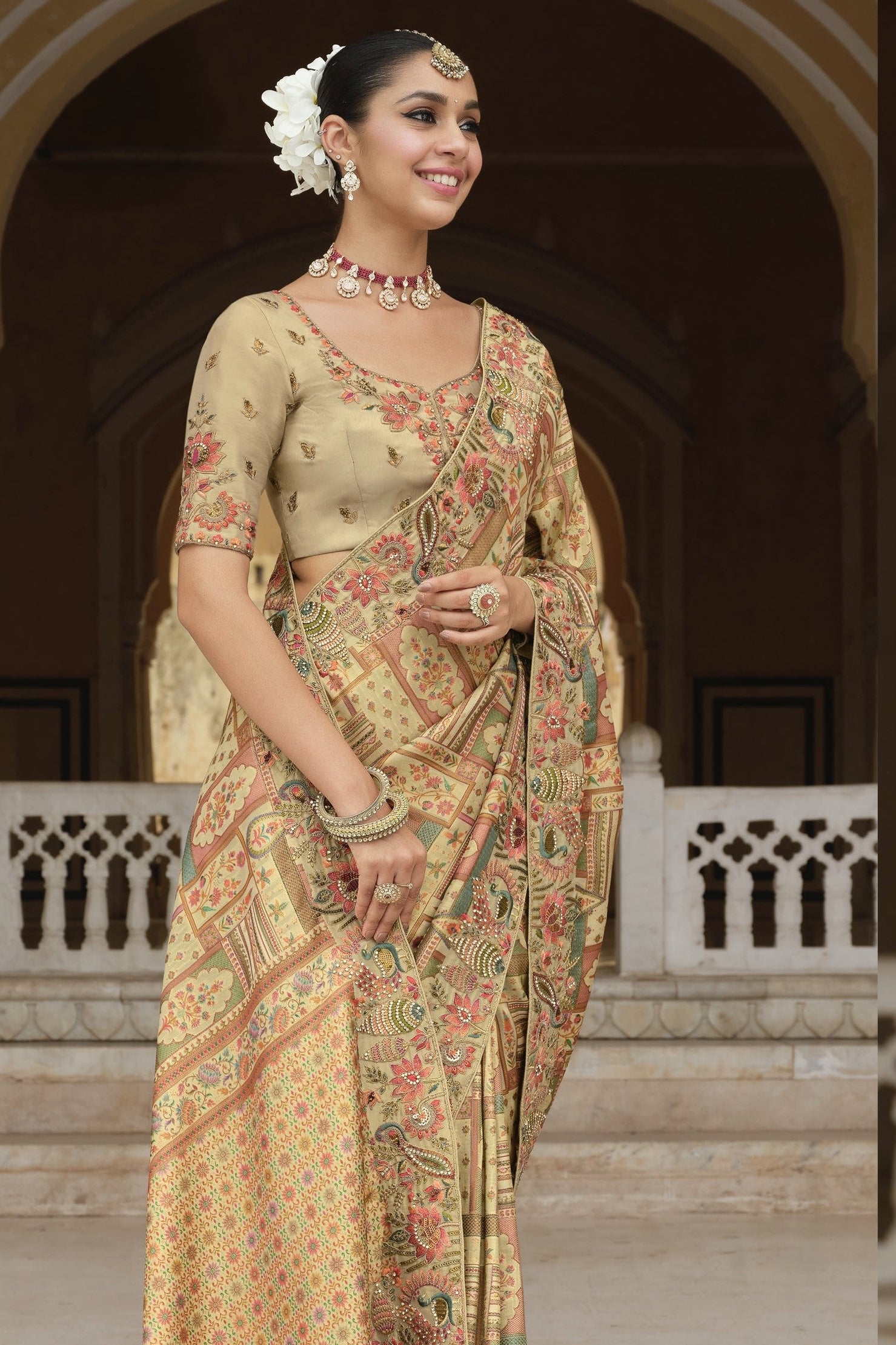 Antique Beige Printed Tissue Organza Silk Saree