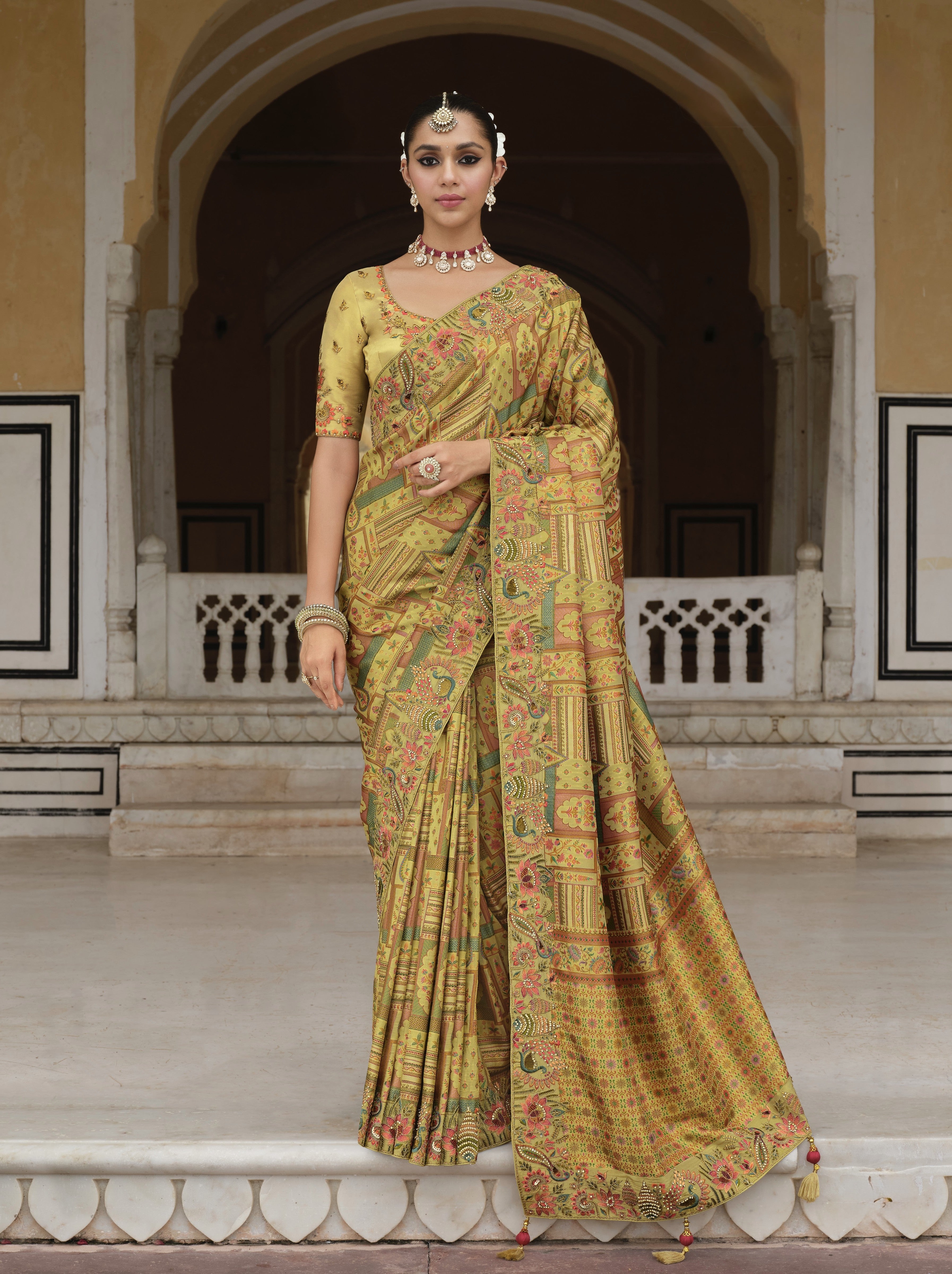 Dusky Yellow Printed Tissue Organza Silk Saree