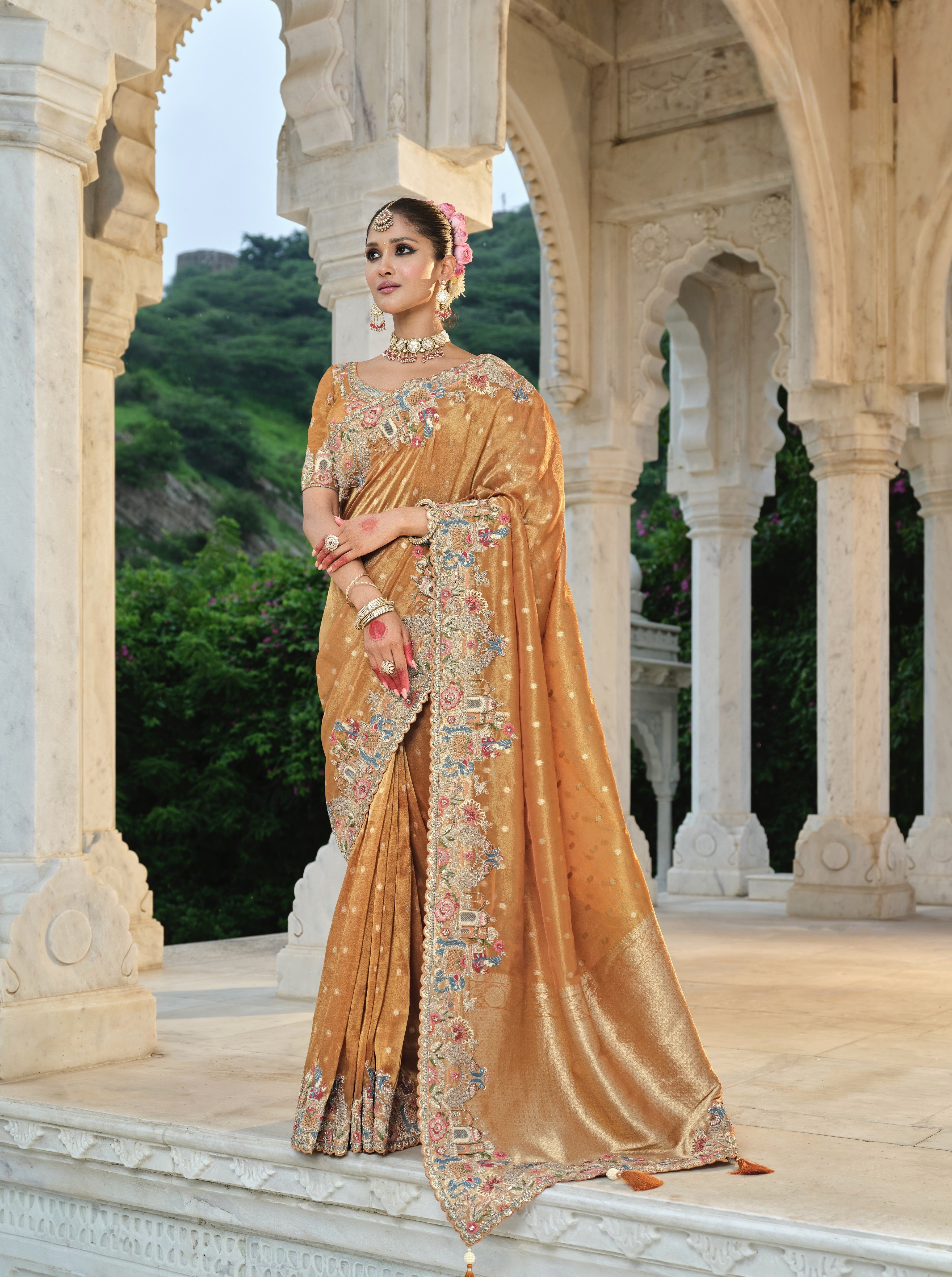 Antique Gold Embellished Banarasi Tissue Silk Saree