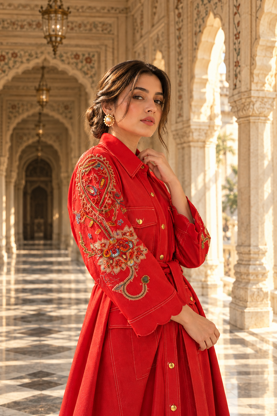 Crimson Red Embroidered Soft Denim Dress