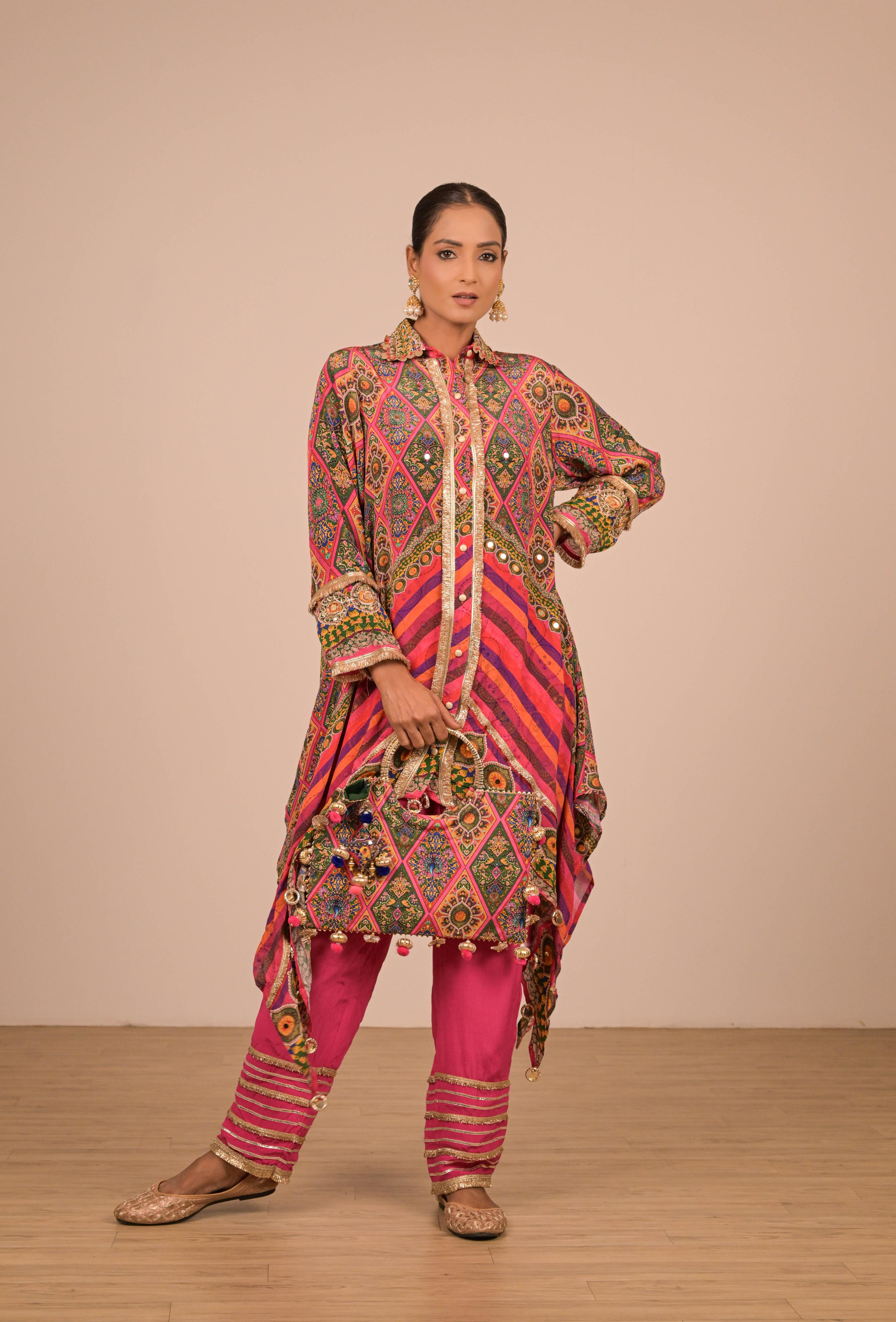 Asymmetrical Printed Kurta Set in Jewel Tones