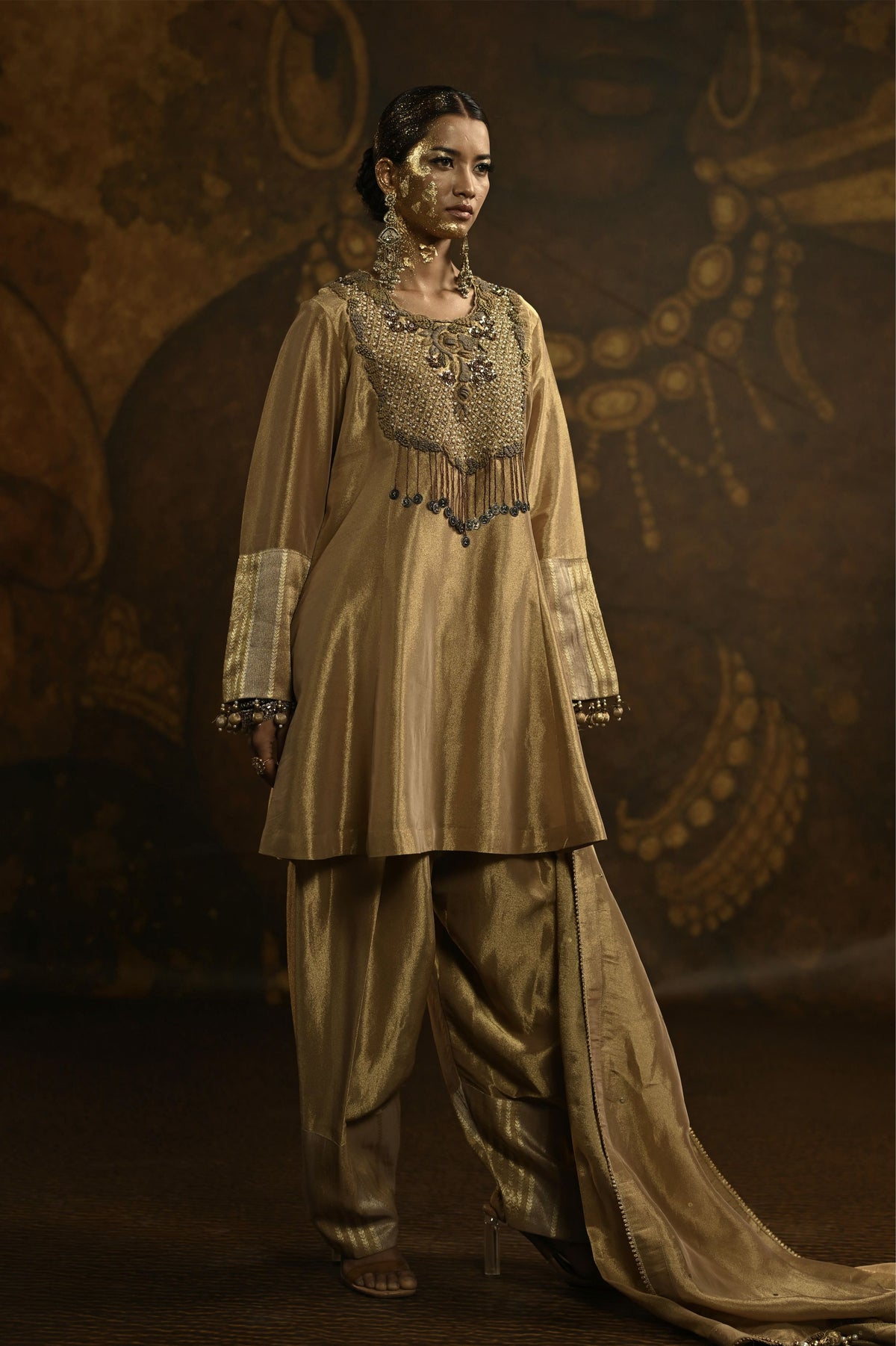 Rich Golden Embellished Banarasi Silk Brocade Kurta Set