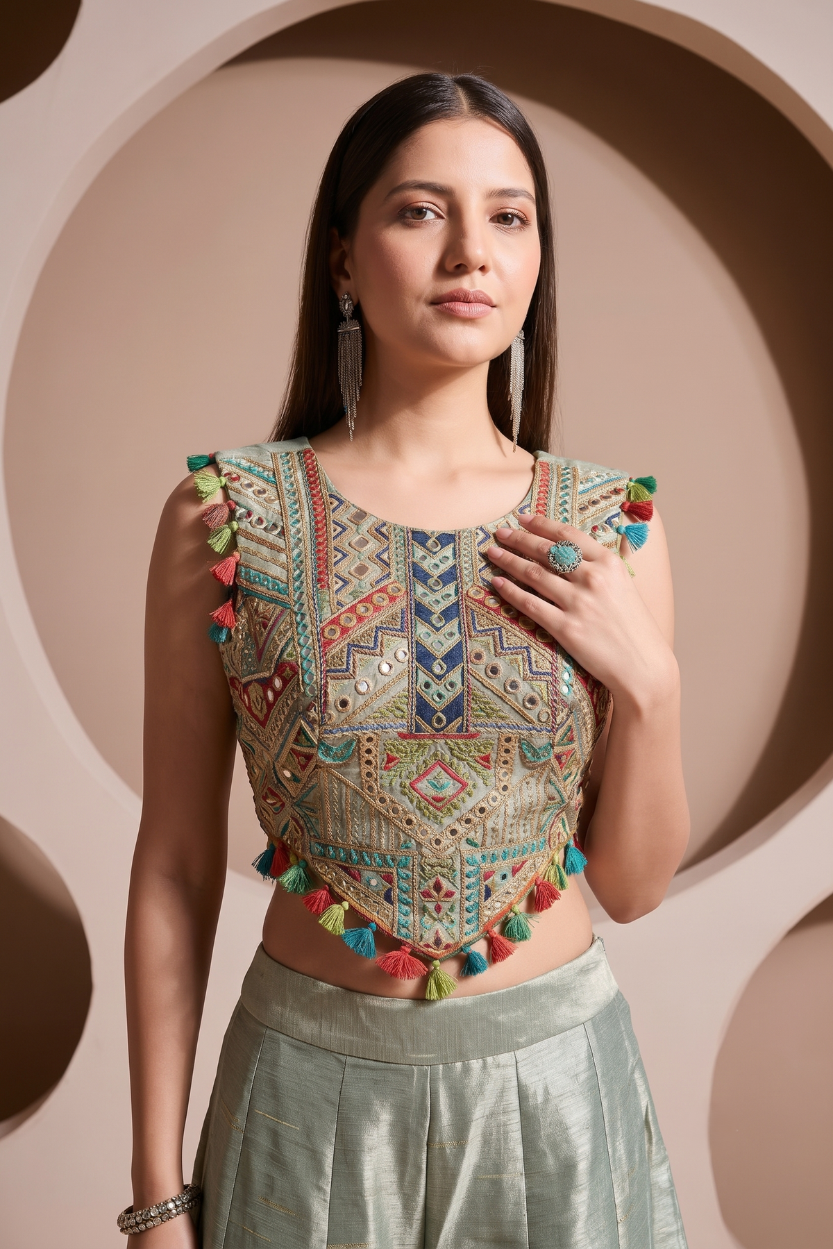 Ice Blue Embellished Banarasi Silk Palazzo Set