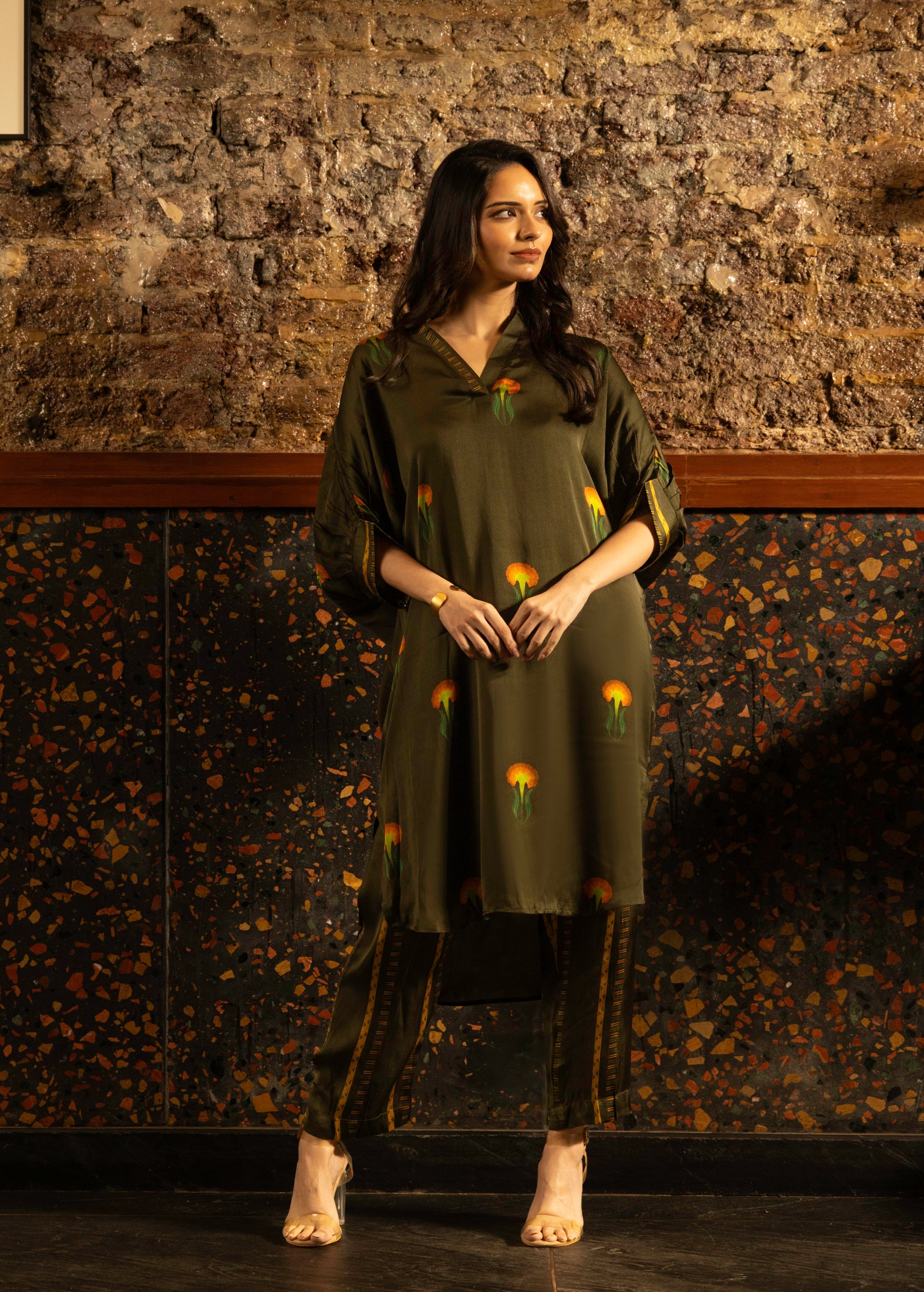 Olive Green Botnical Printed Satin Silk Kurta Set
