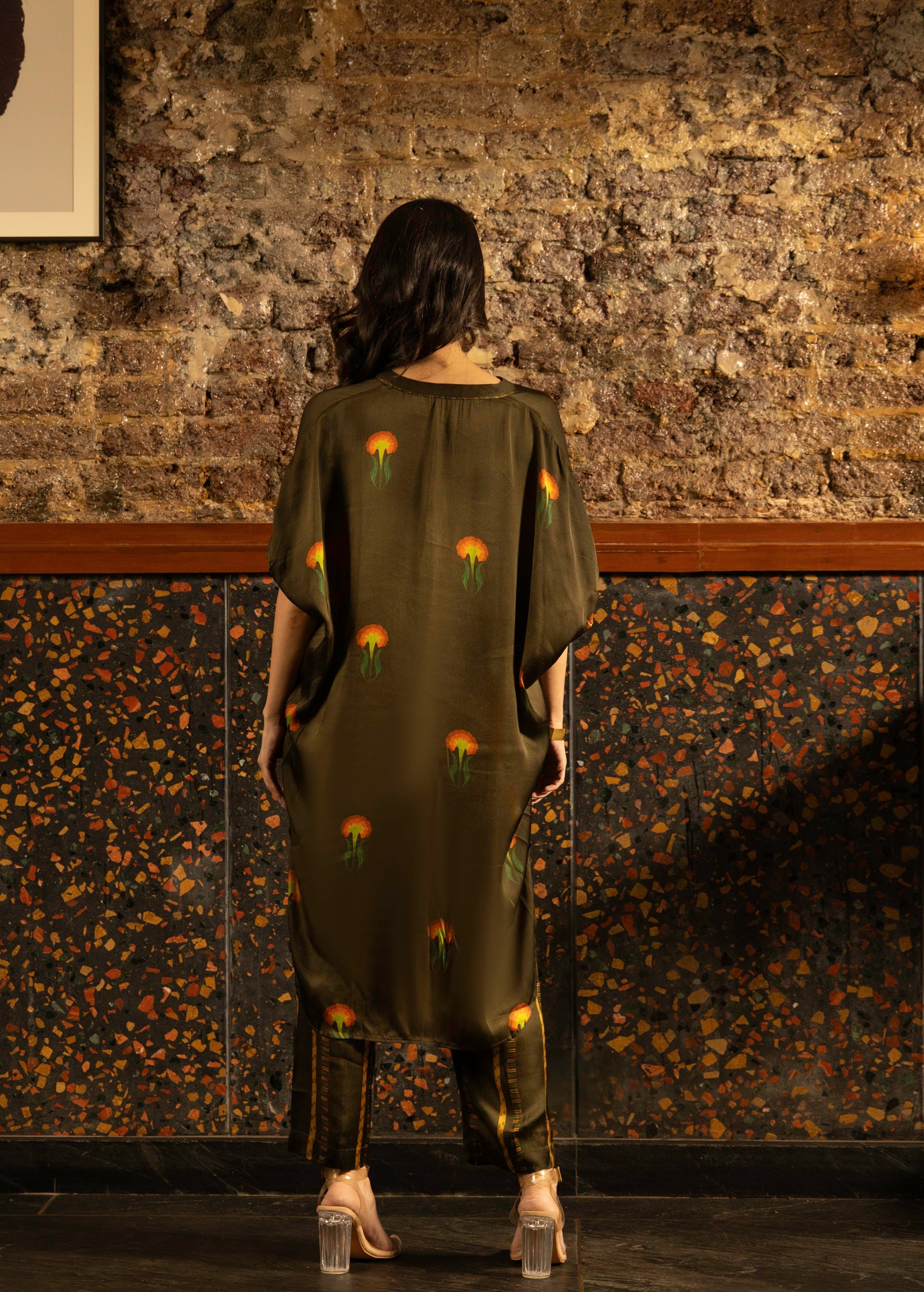 Olive Green Botnical Printed Satin Silk Kurta Set