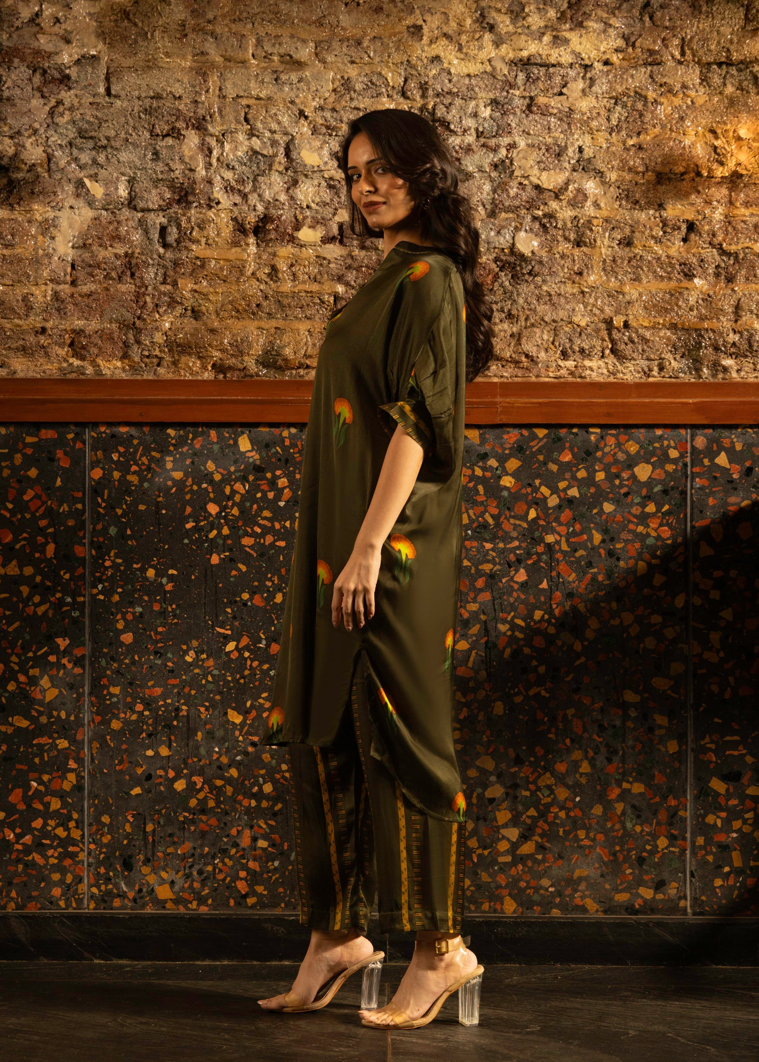Olive Green Botnical Printed Satin Silk Kurta Set