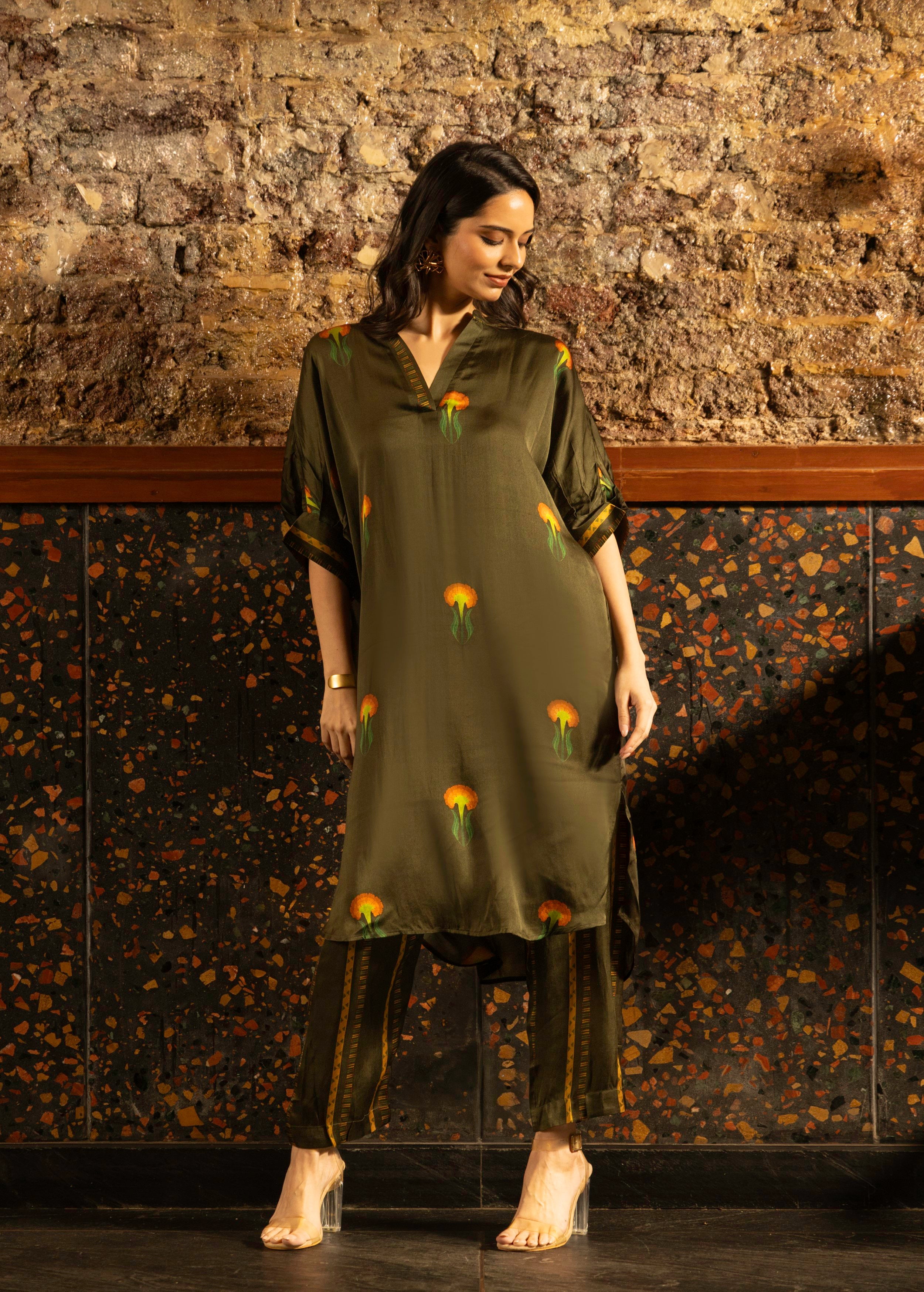 Olive Green Botnical Printed Satin Silk Kurta Set