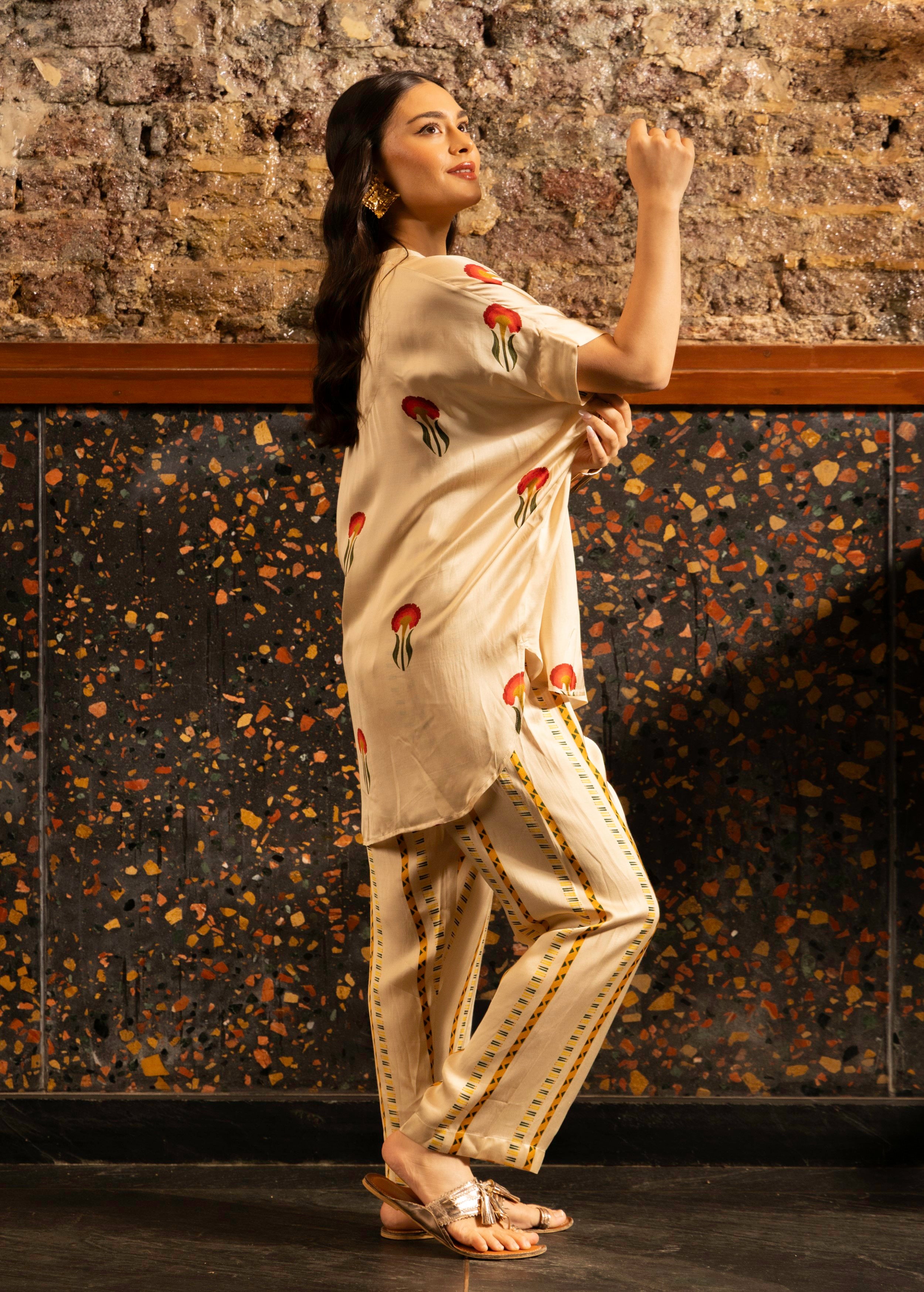 Ivory Botnical Printed Satin Silk Co-Ord Set