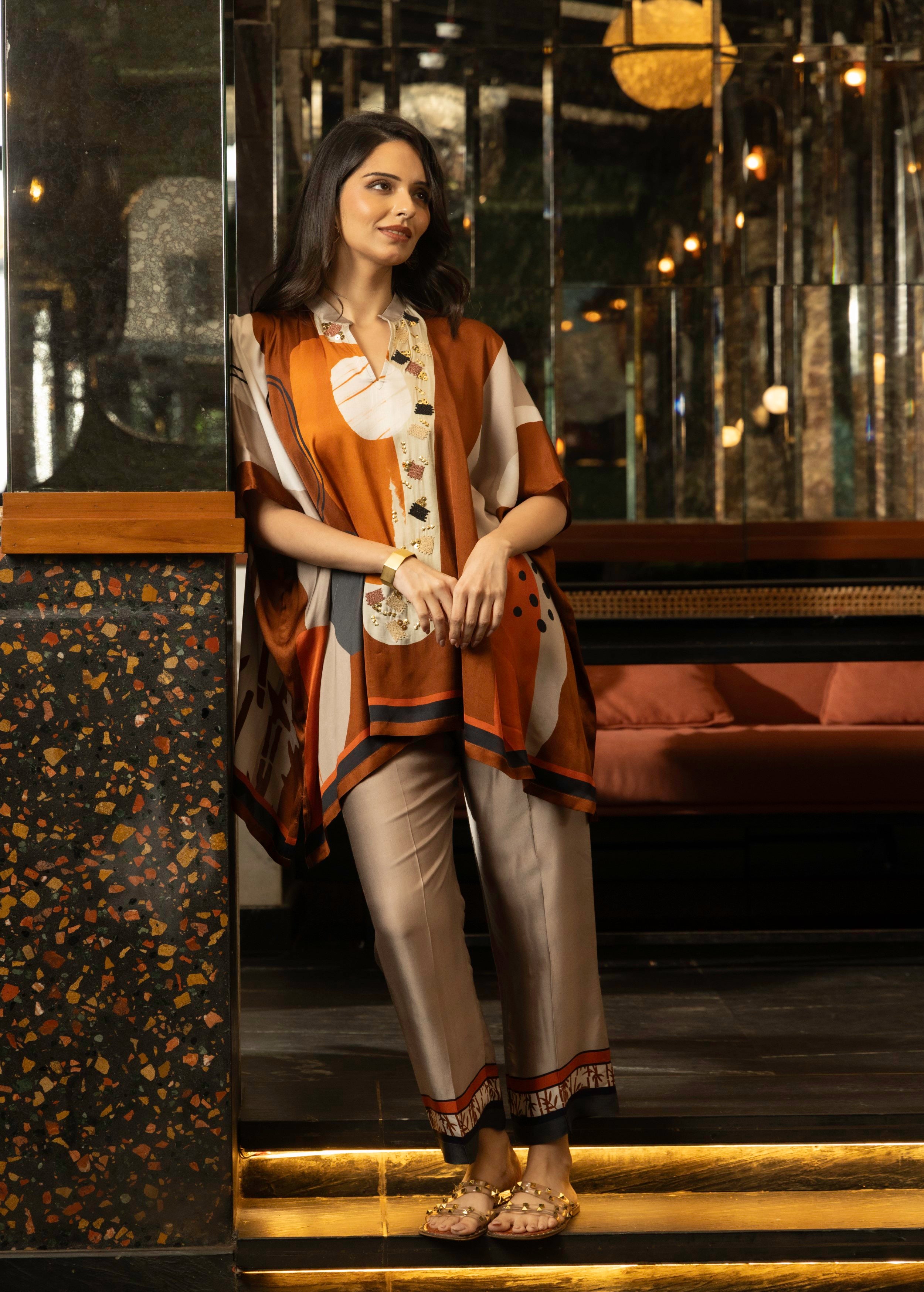 Rust Orange Abstract Print Satin Silk Kaftan Set