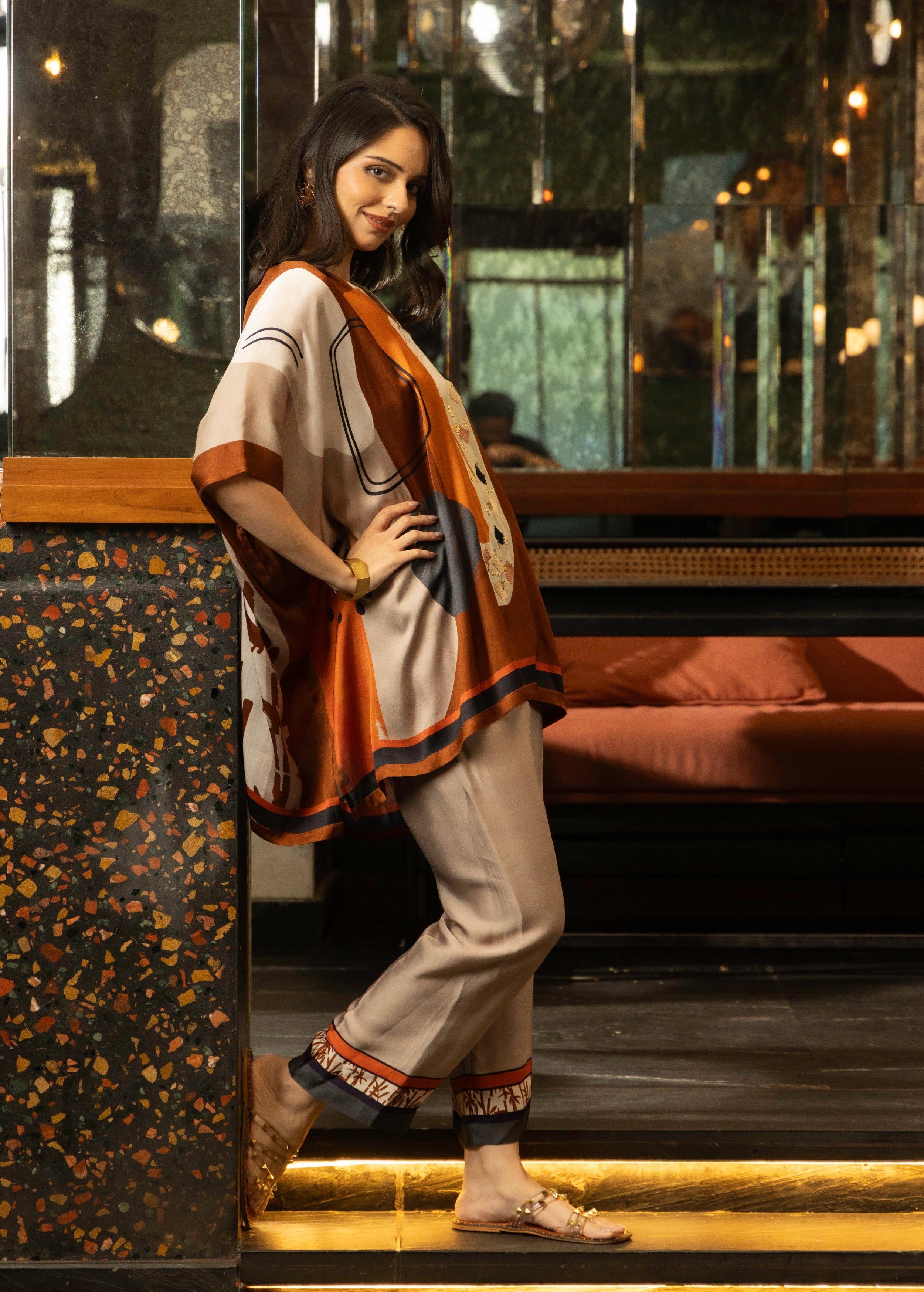 Rust Orange Abstract Print Satin Silk Kaftan Set