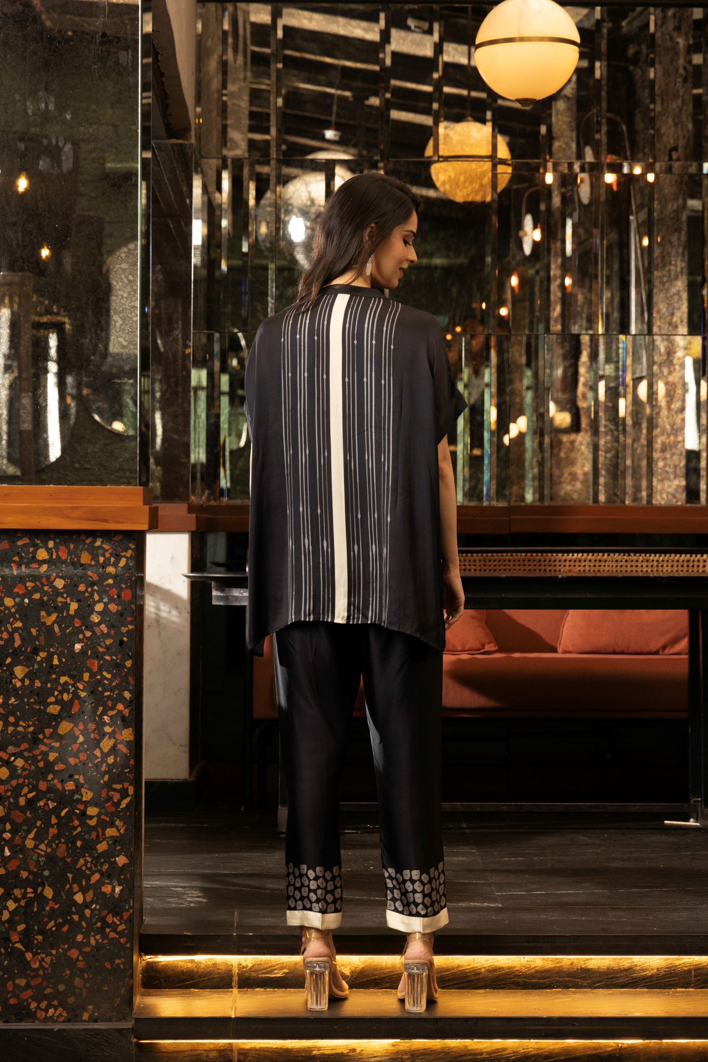 Classic Black Satin Silk Astract Print Co-Ord Set