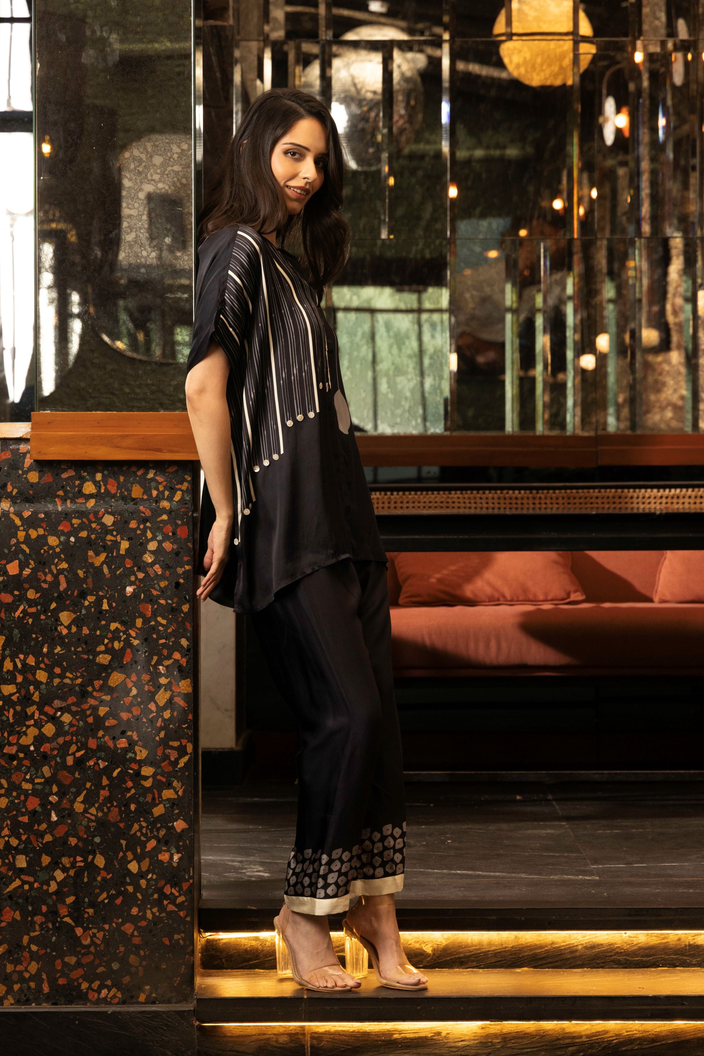 Classic Black Satin Silk Astract Print Co-Ord Set