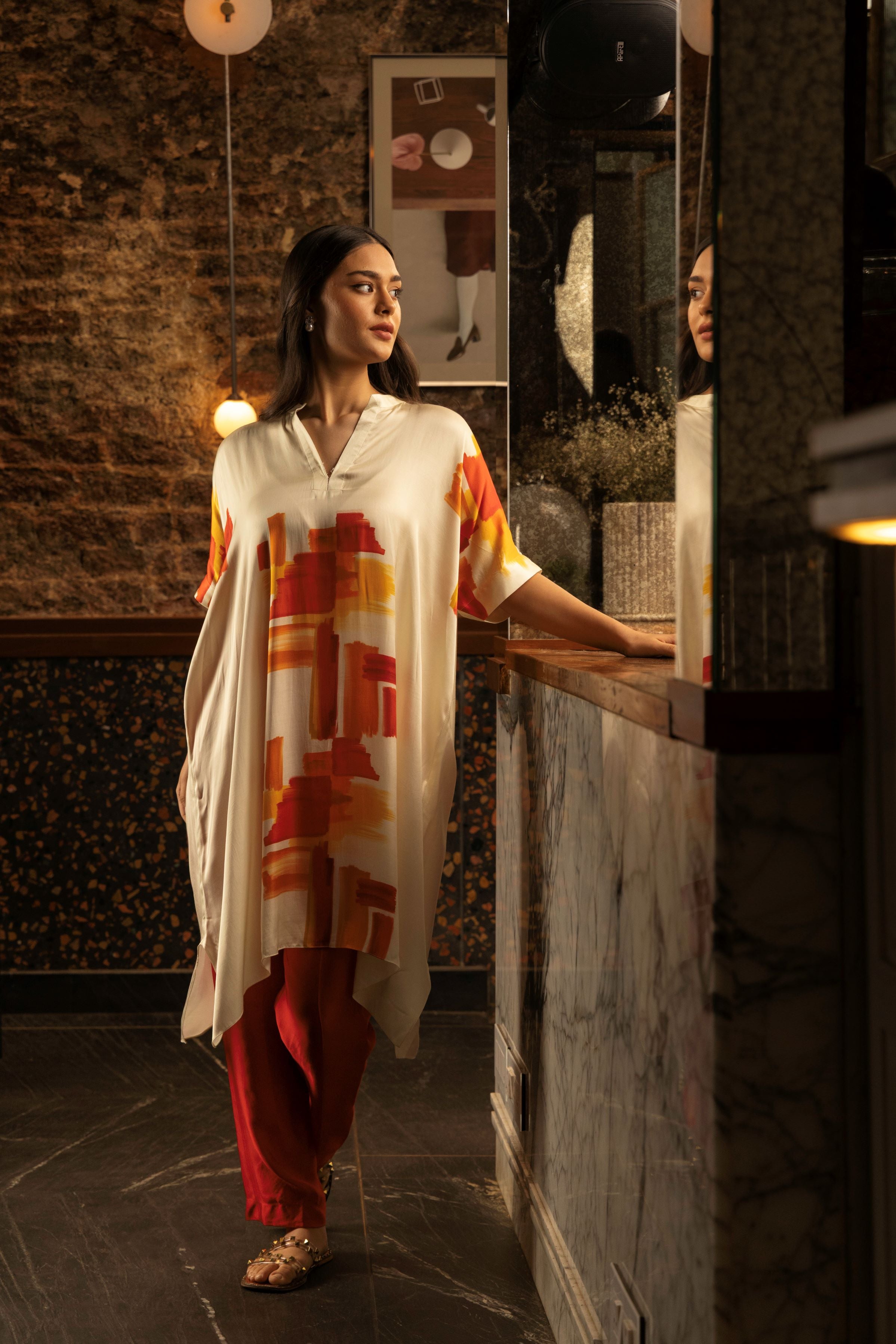 Cream & Red Abstract Print Satin Silk Kurta Set
