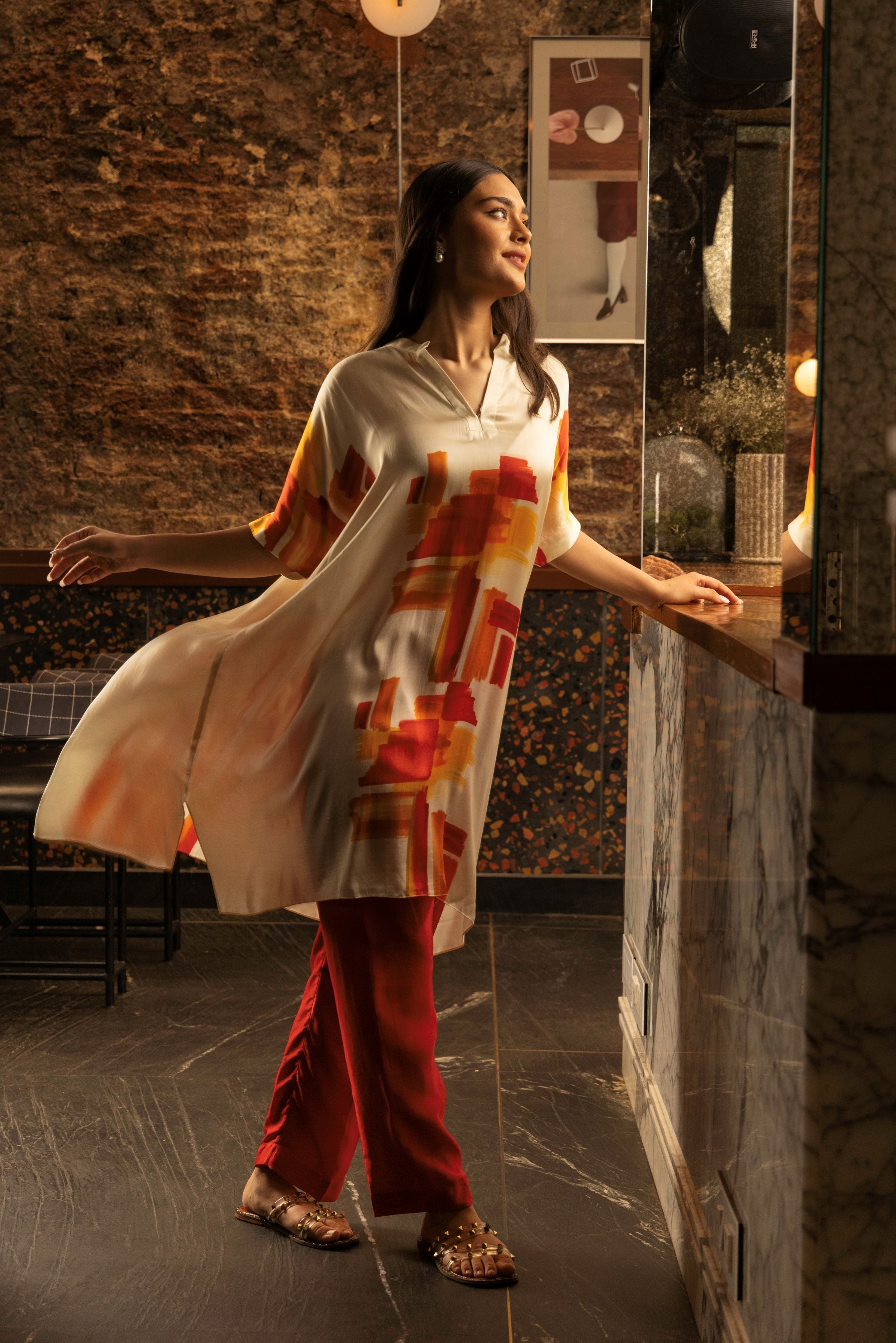 Cream & Red Abstract Print Satin Silk Kurta Set