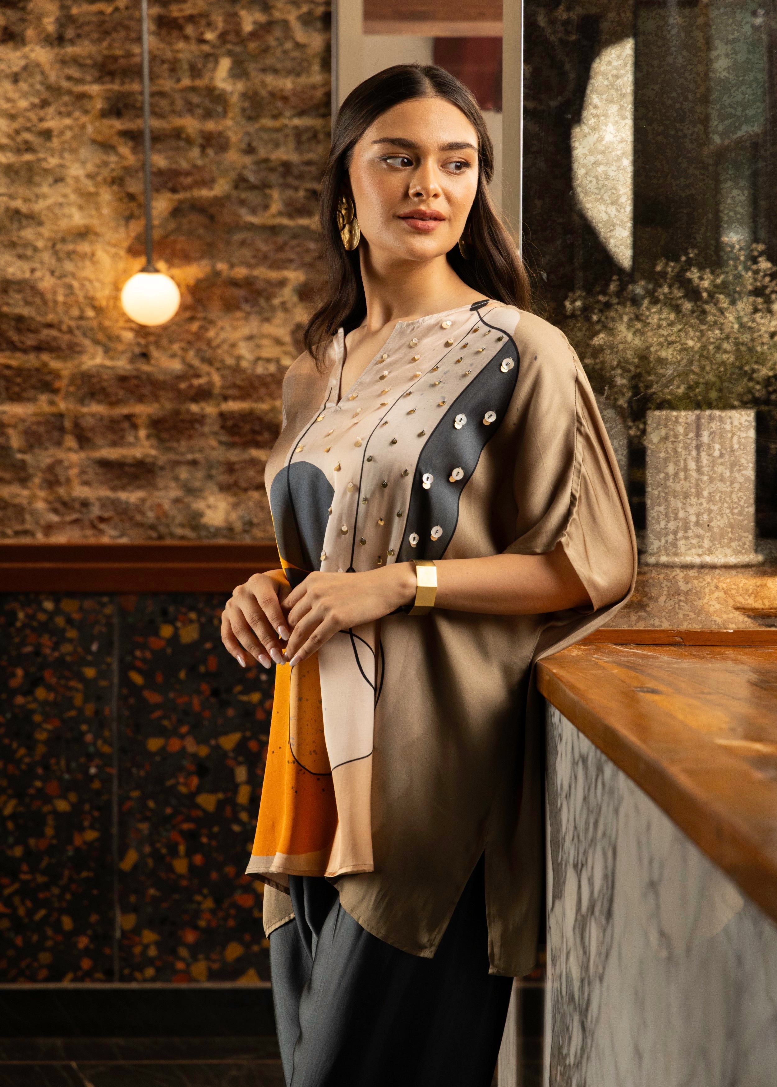 Orange Abstract Print Satin Silk Kaftan Set