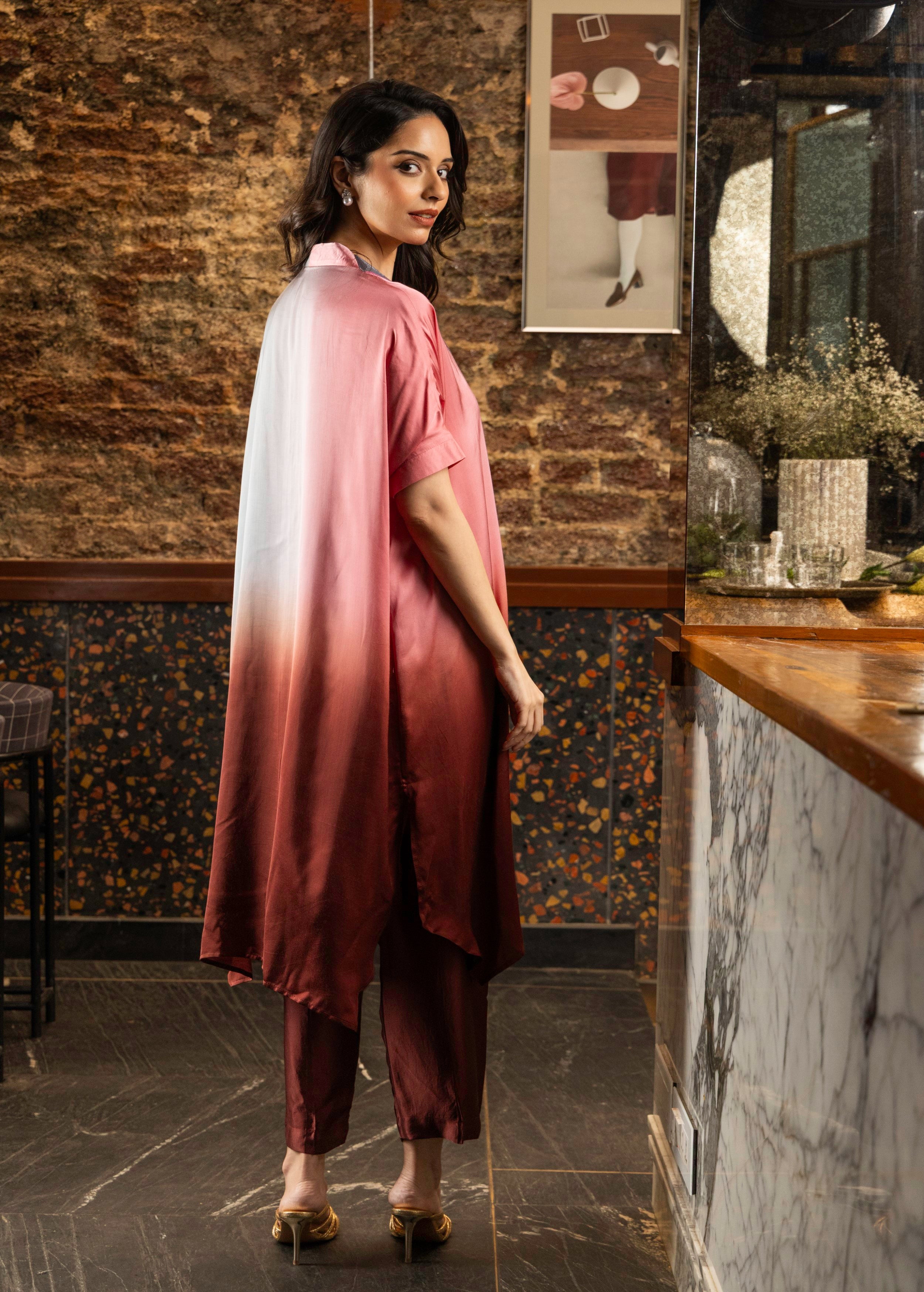 Pink Ombre Dyed Satin Silk Kurta Set