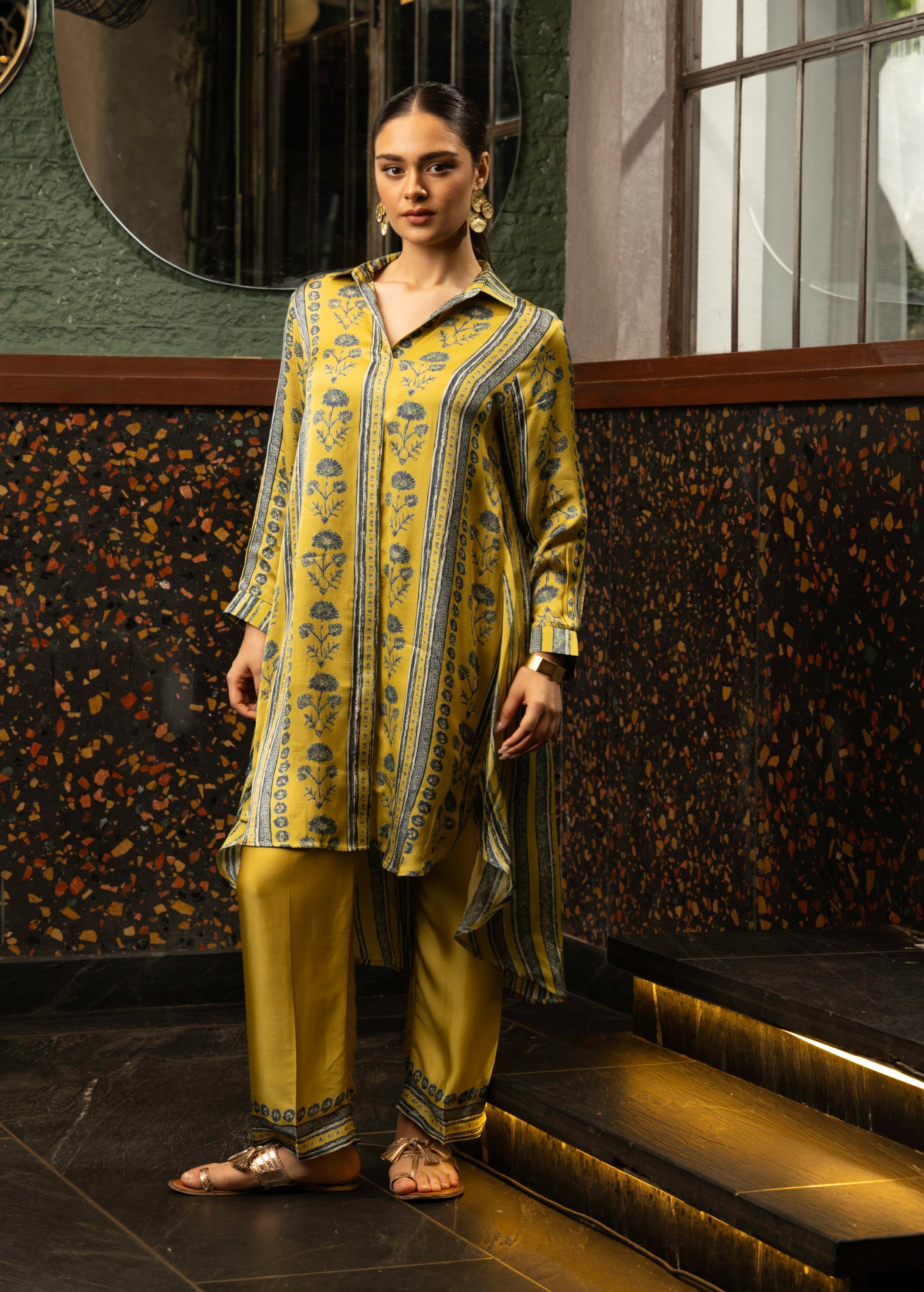 Yellow Stripe Print Satin Silk Co-Ord Set