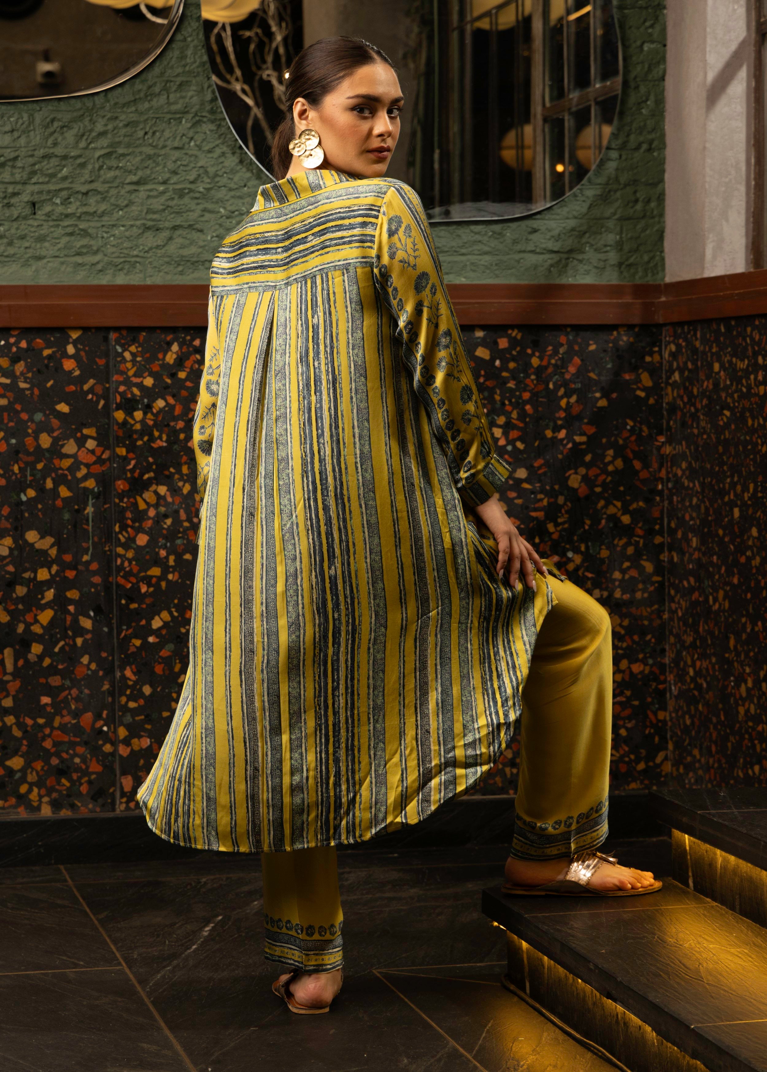 Yellow Stripe Print Satin Silk Co-Ord Set
