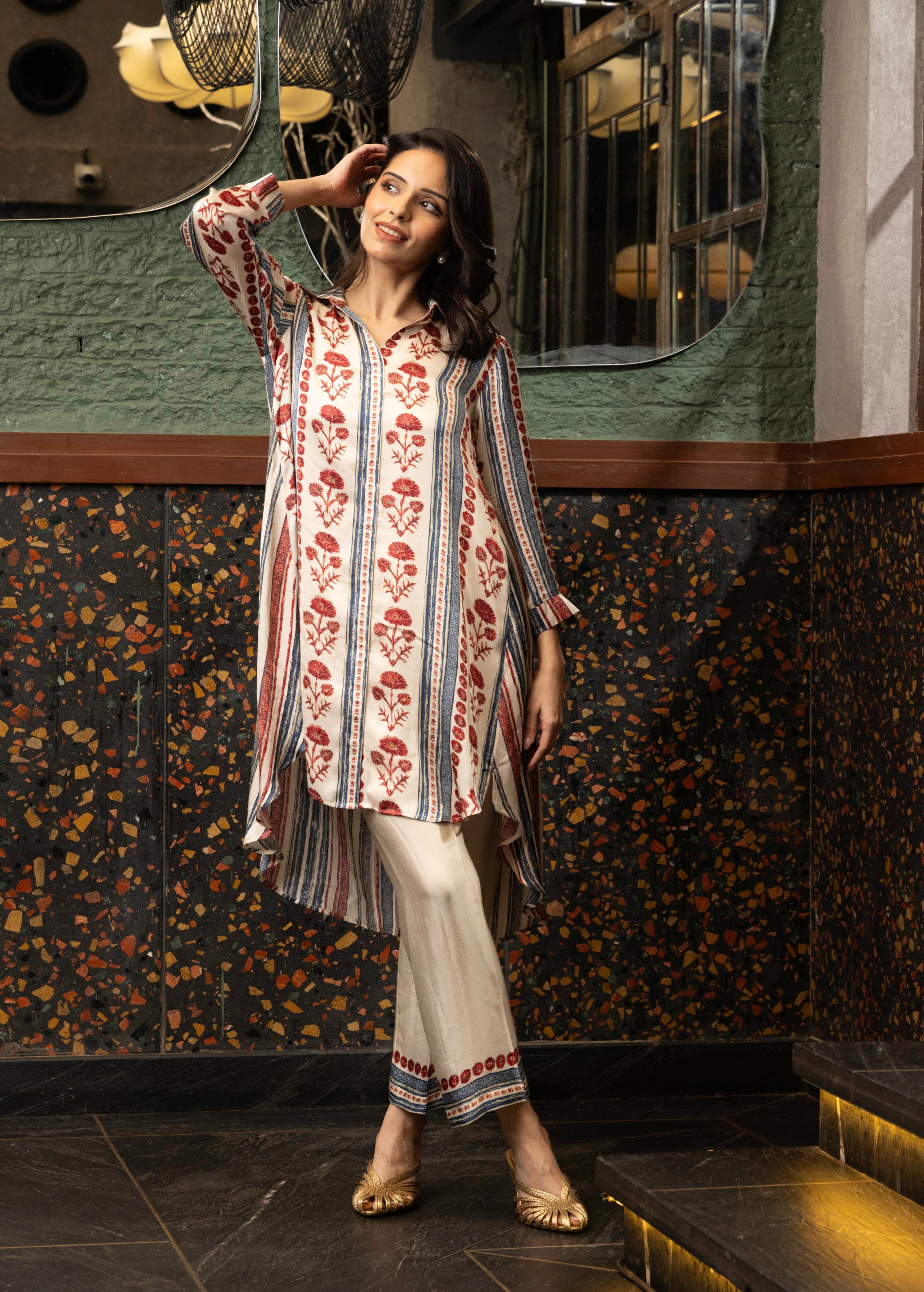 Ivory Stripe Print Satin Silk Co-Ord Set