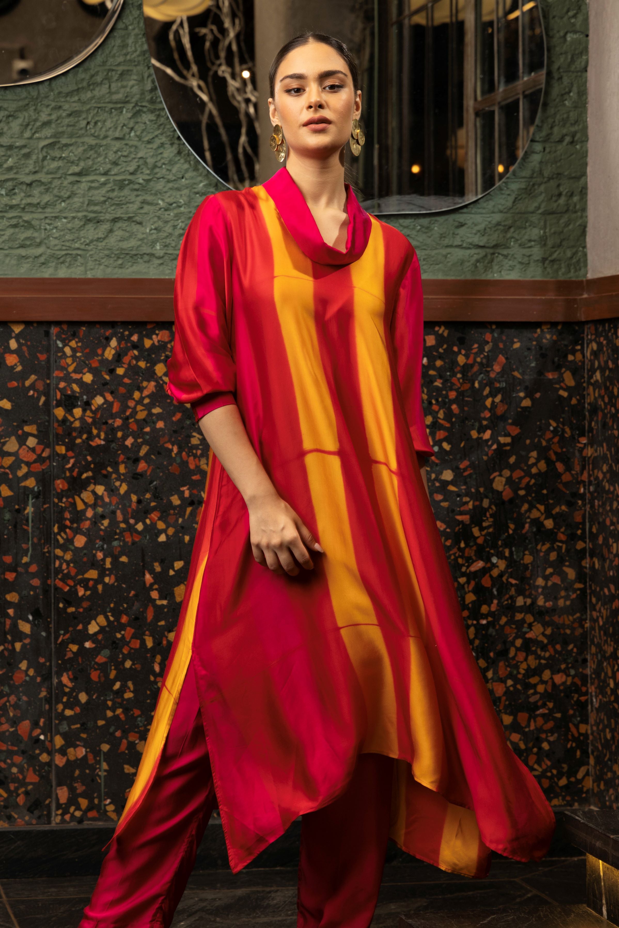 Magenta Pink Satin Silk Striped Kurta Set