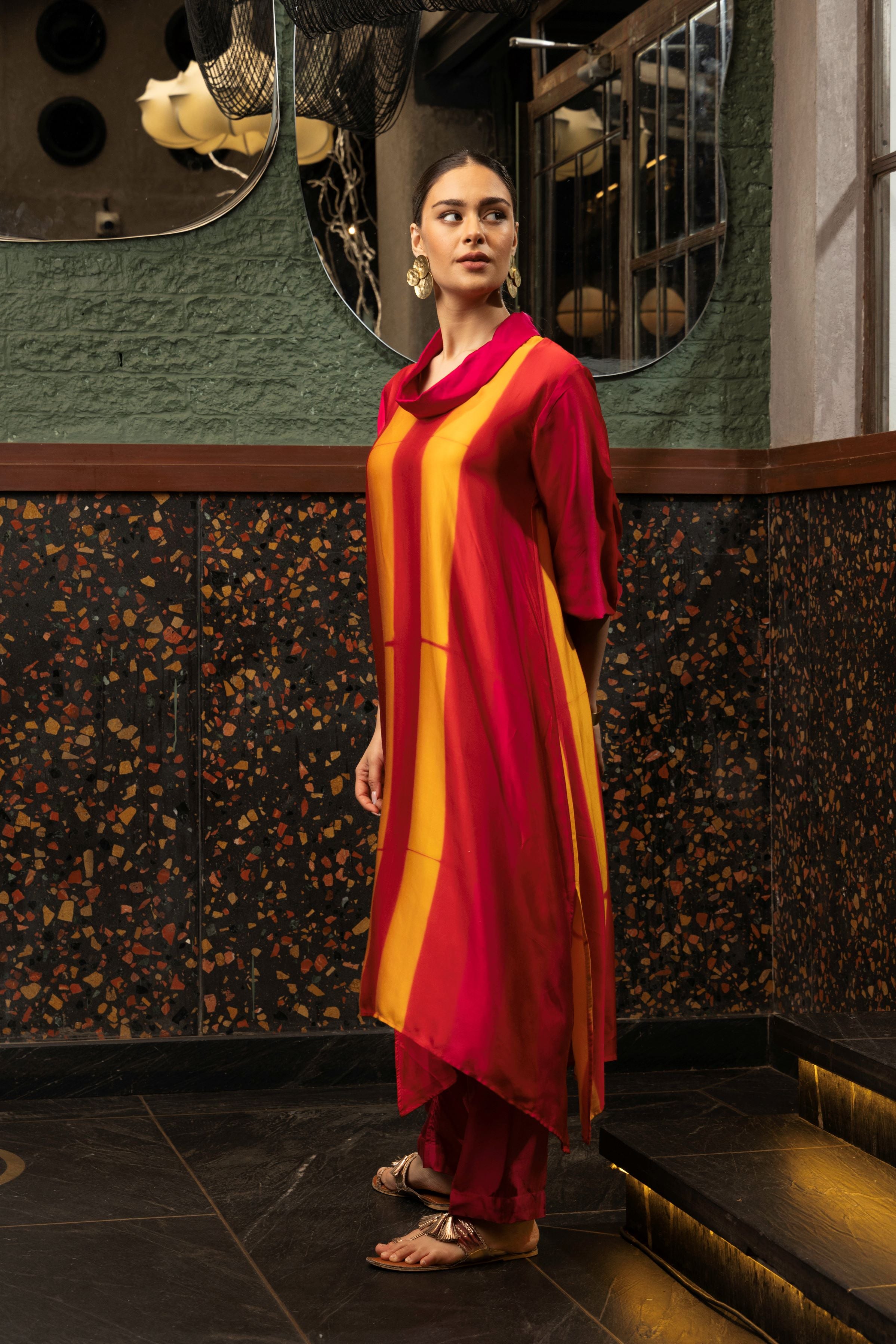 Magenta Pink Satin Silk Striped Kurta Set