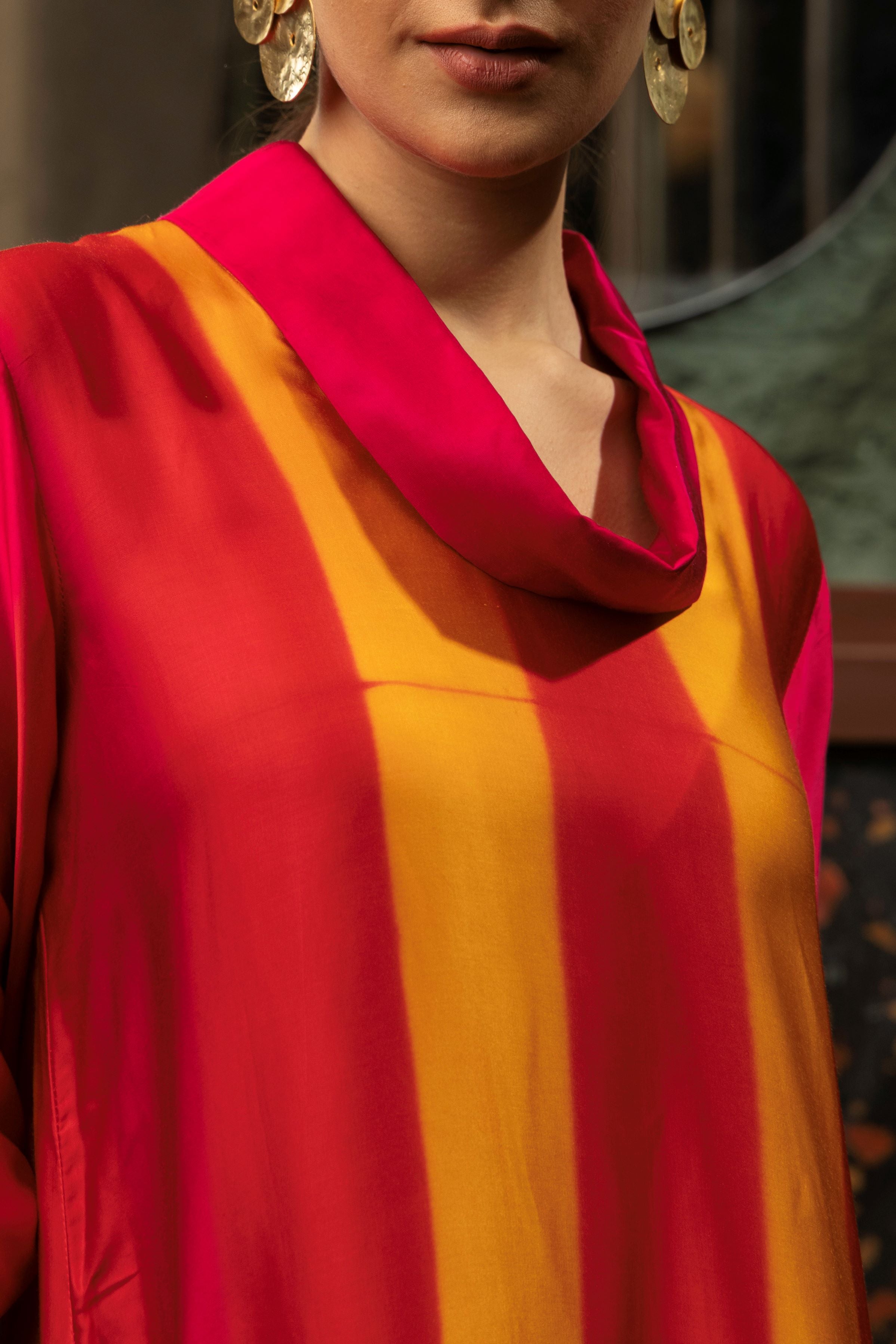 Magenta Pink Satin Silk Striped Kurta Set
