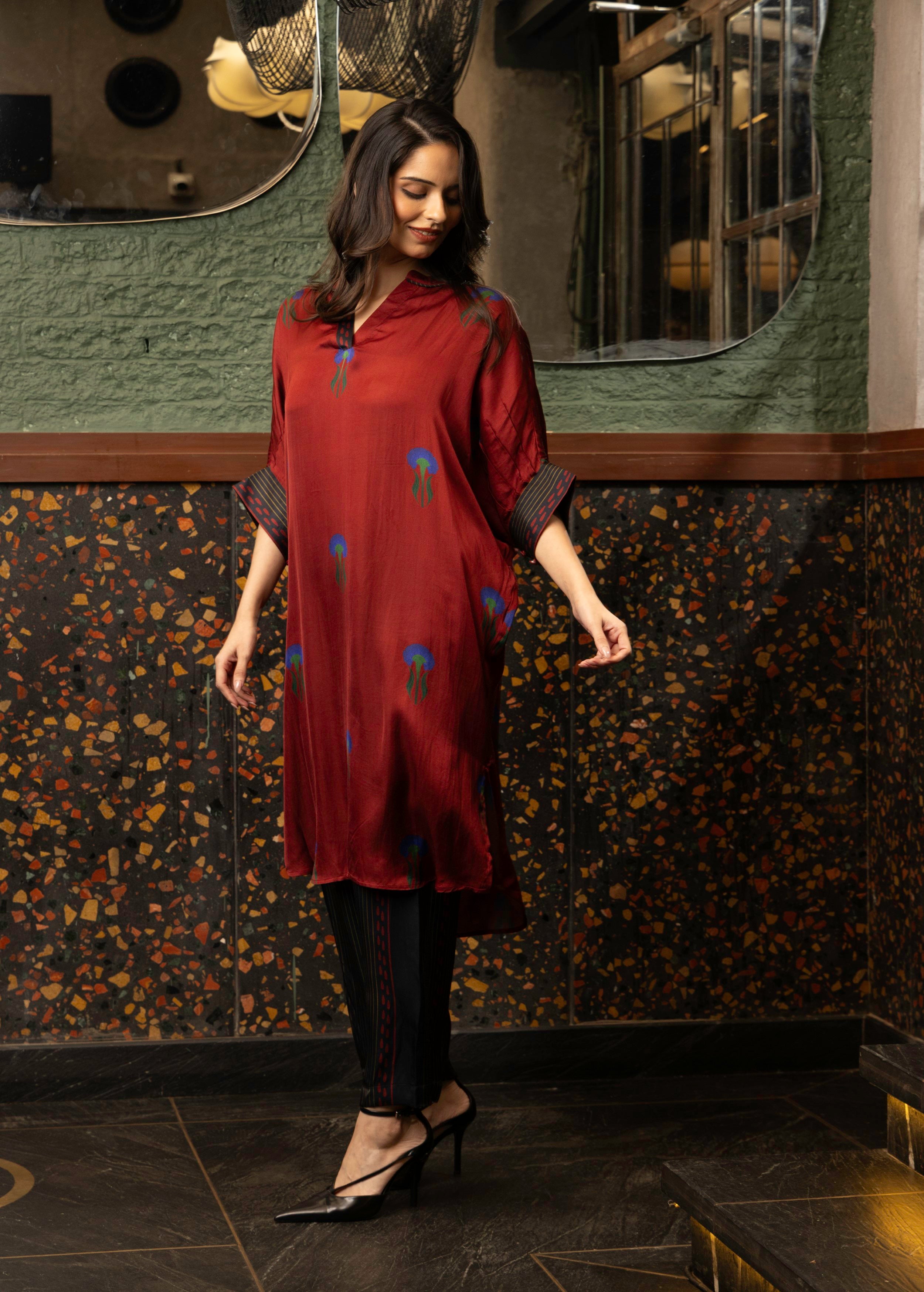 Maroon Botnical Printed Satin Silk Kurta Set