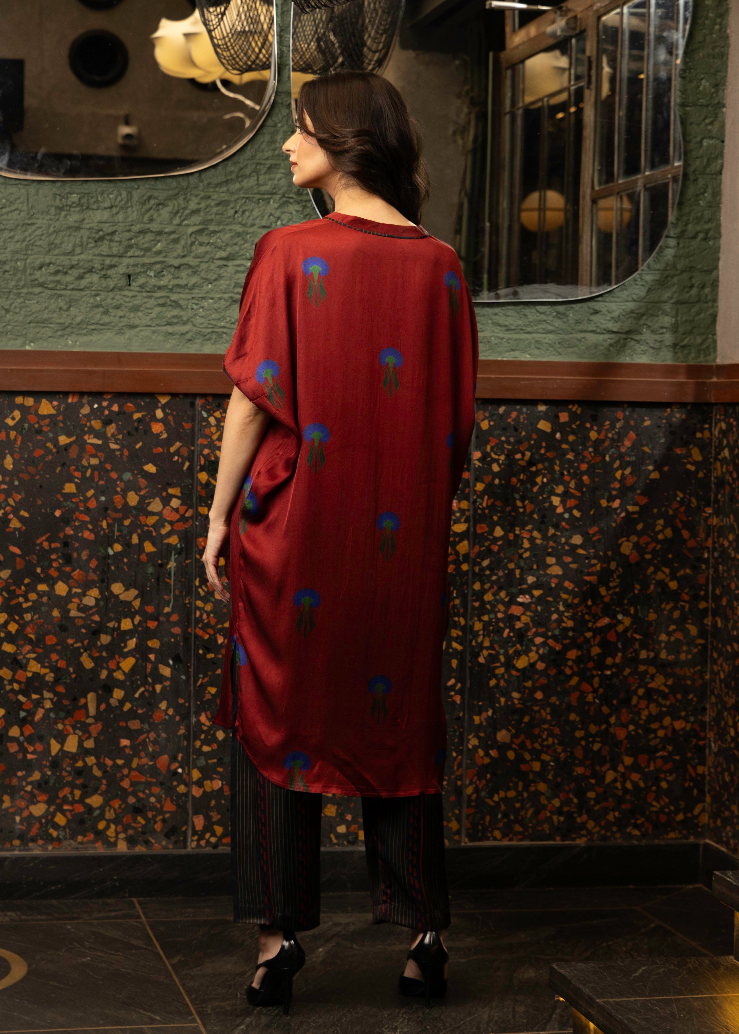 Maroon Botnical Printed Satin Silk Kurta Set