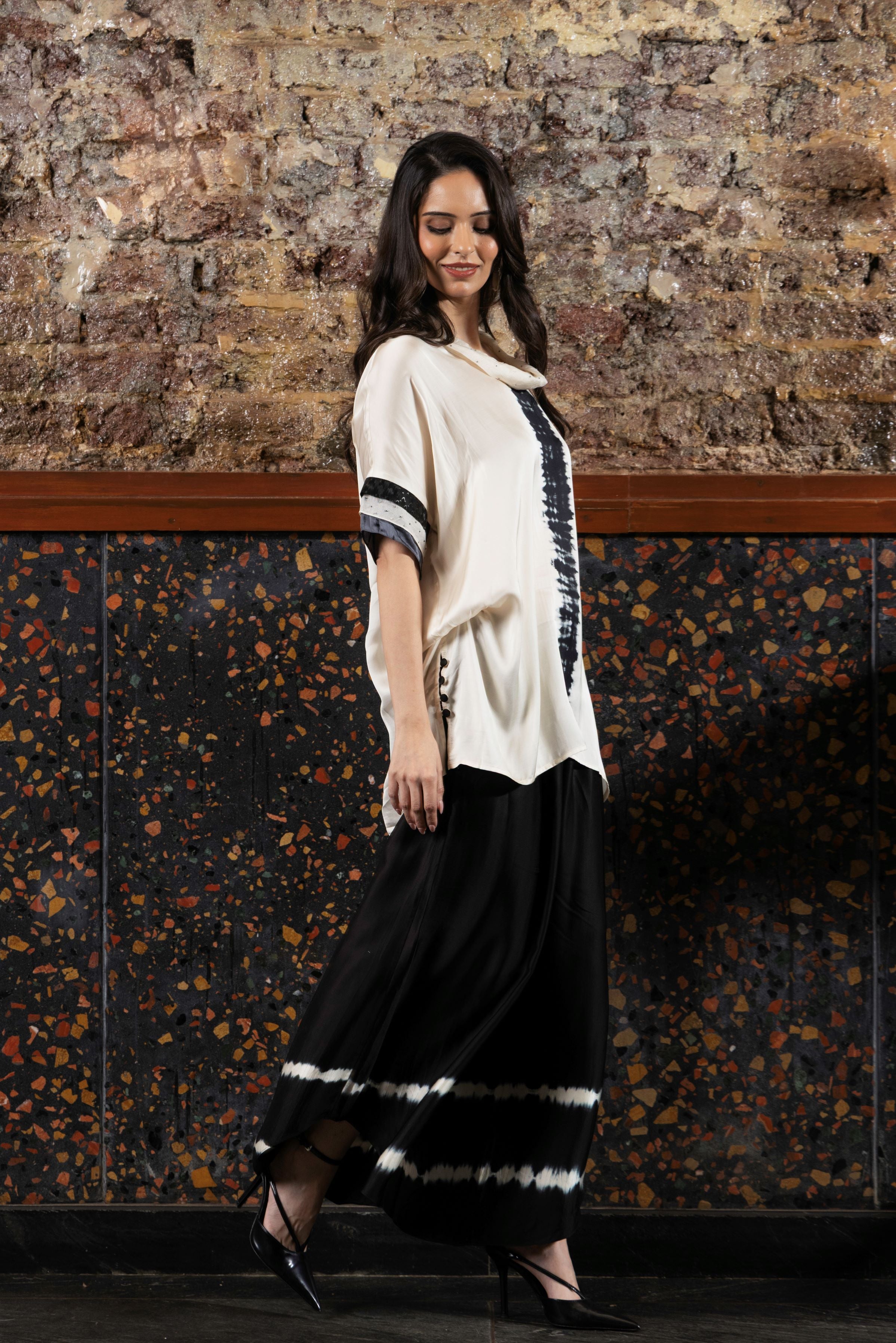 Black And White Satin Silk Tie-Dye Co-Ord Set