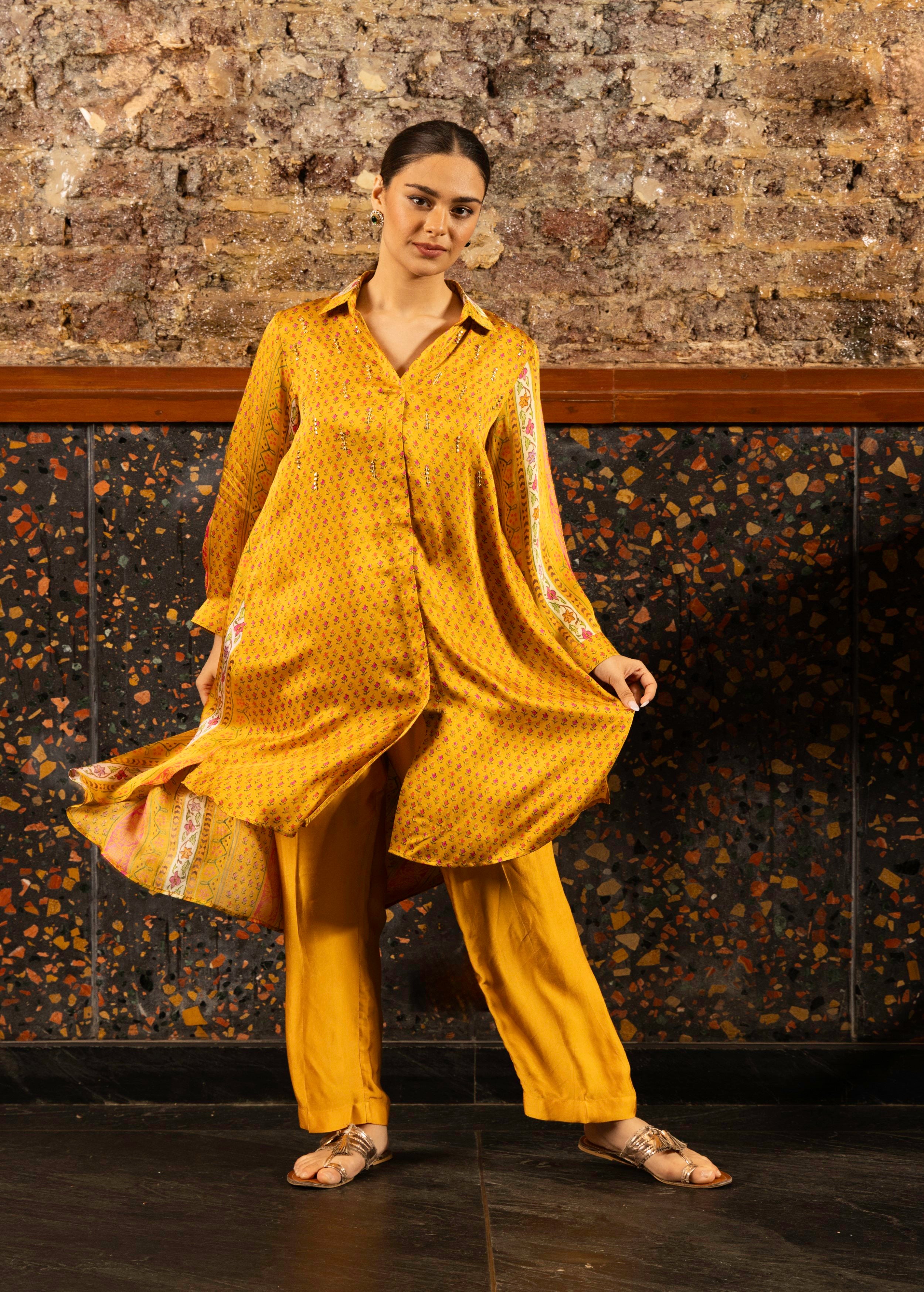 Mustard Yellow Printed Satin Silk Kurta Set