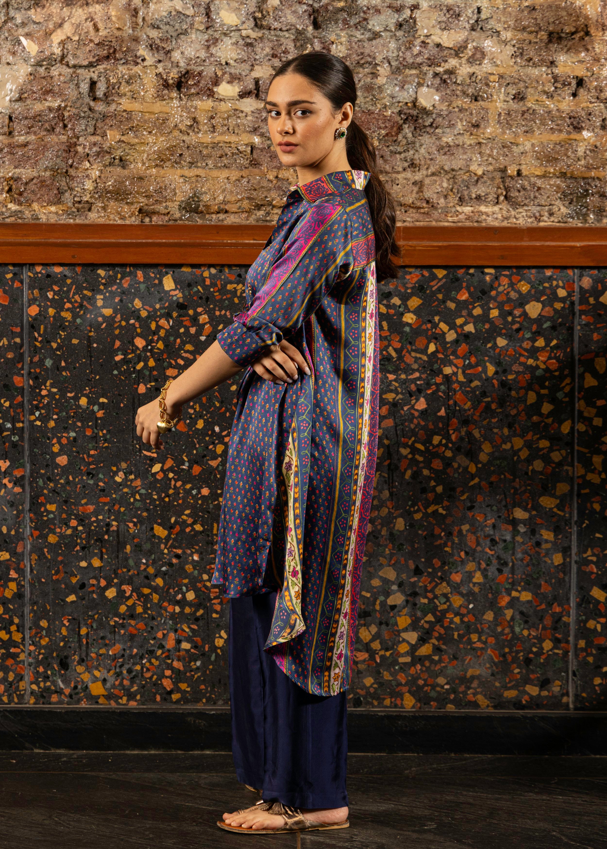 Navy Blue Printed Satin Silk Kurta Set
