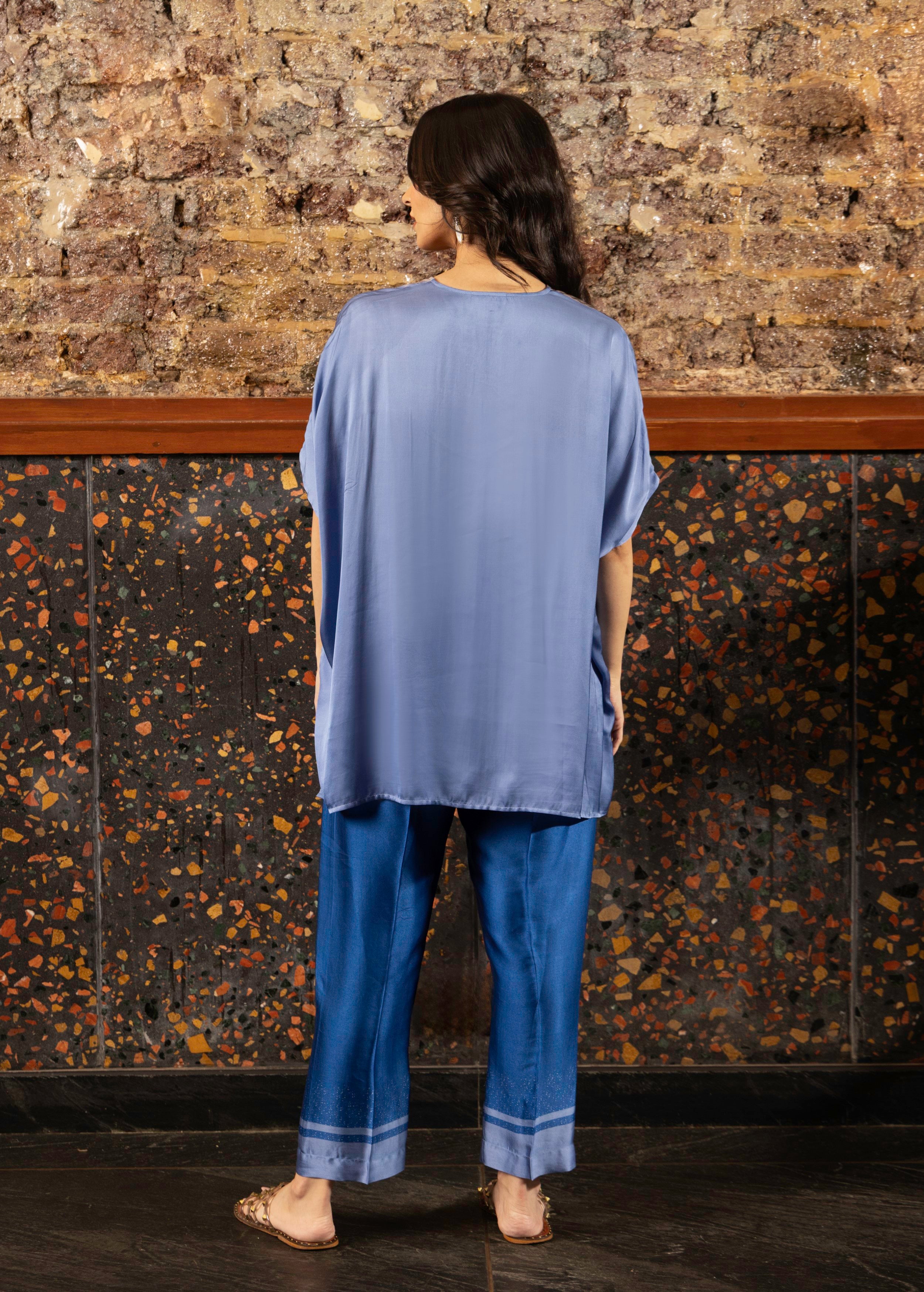 Blue Abstract Print Satin Silk Kaftan Set