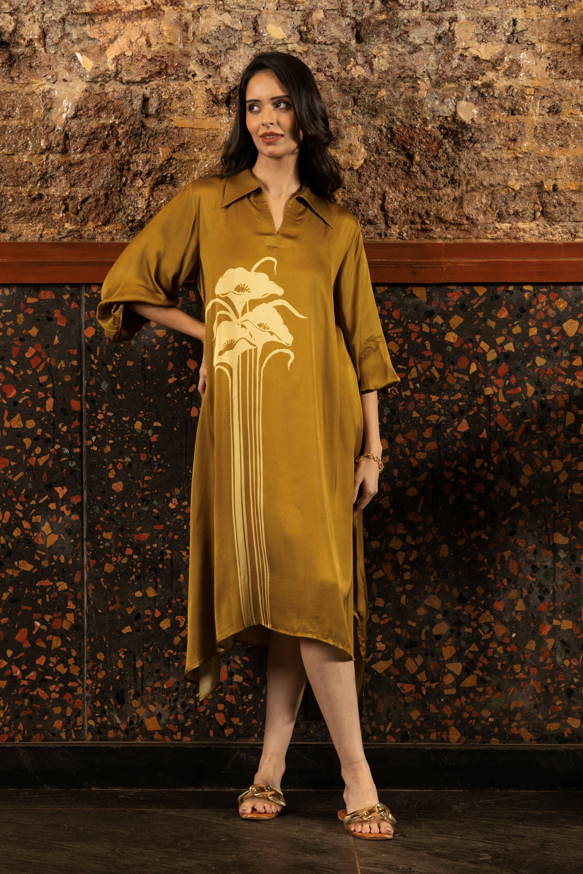 Mustard Ochre Printed Satin Silk Tunic Dress