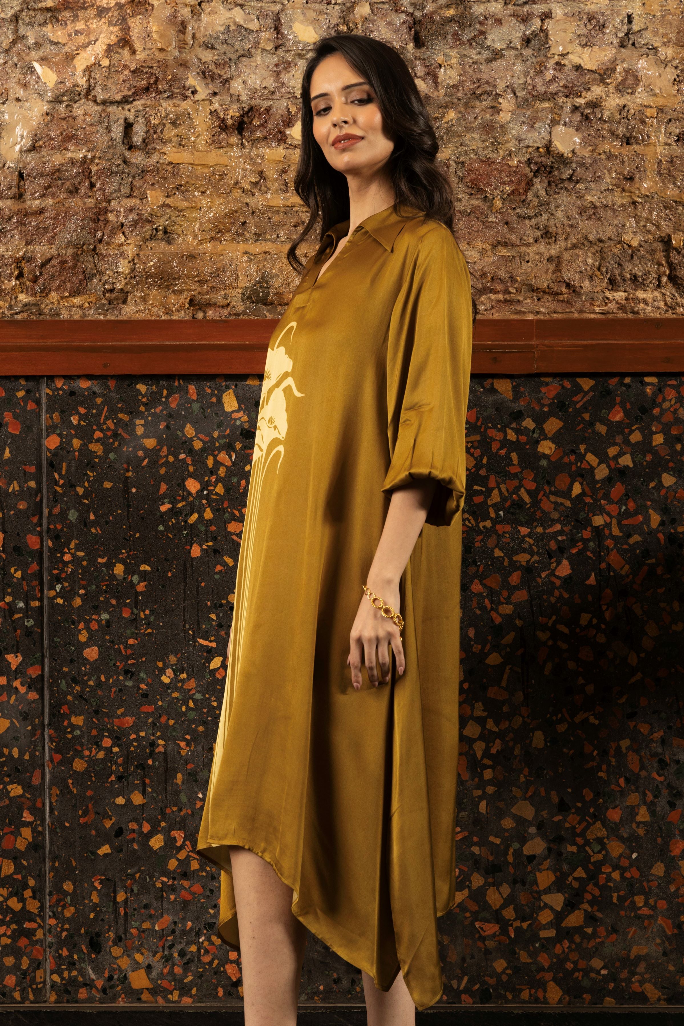 Mustard Ochre Printed Satin Silk Tunic Dress