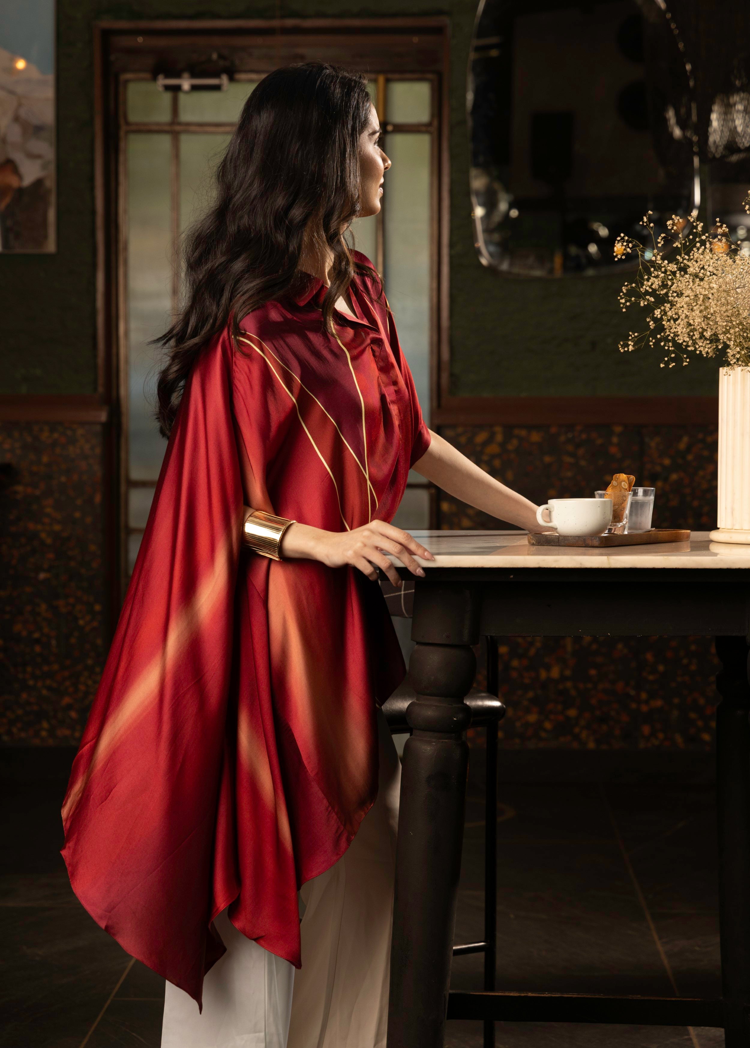 Wine Red Ombre Satin Silk Tunic Top