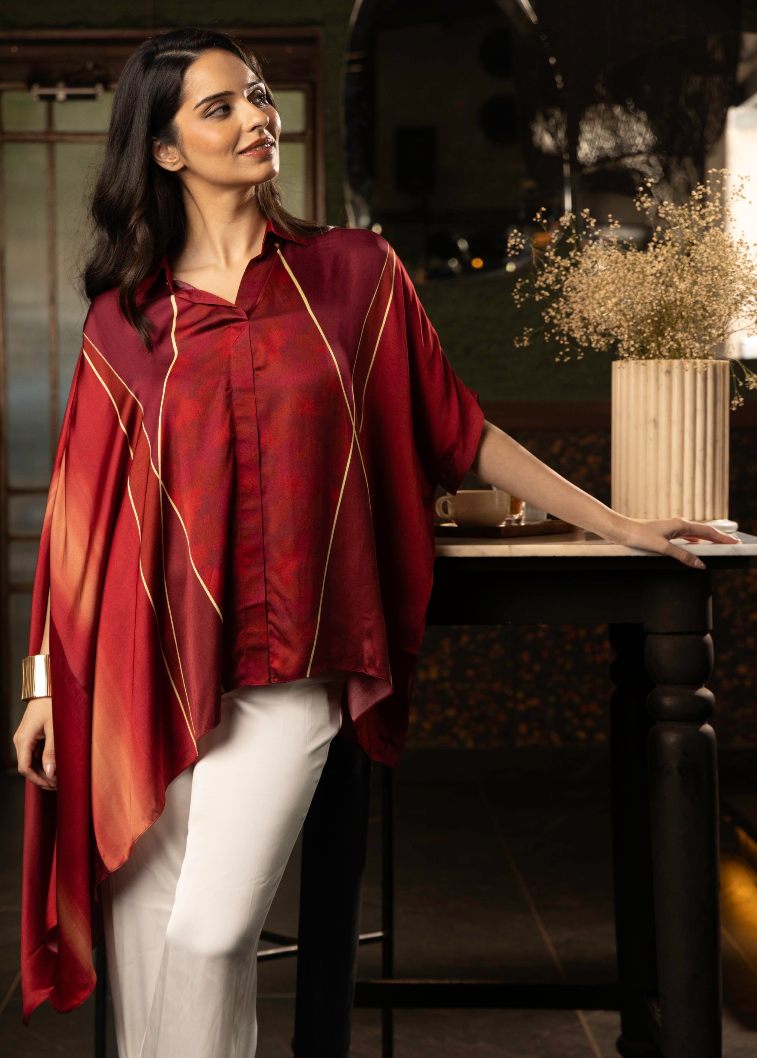 Wine Red Ombre Satin Silk Tunic Top